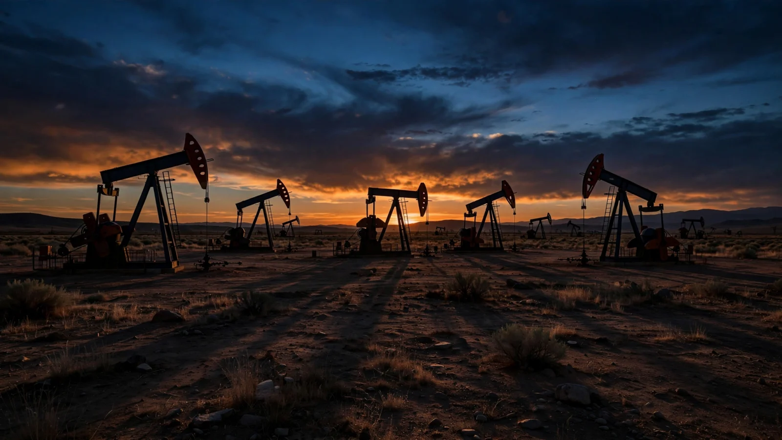 Oil pumpjacks working in a field at dusk under an orange and blue sky.