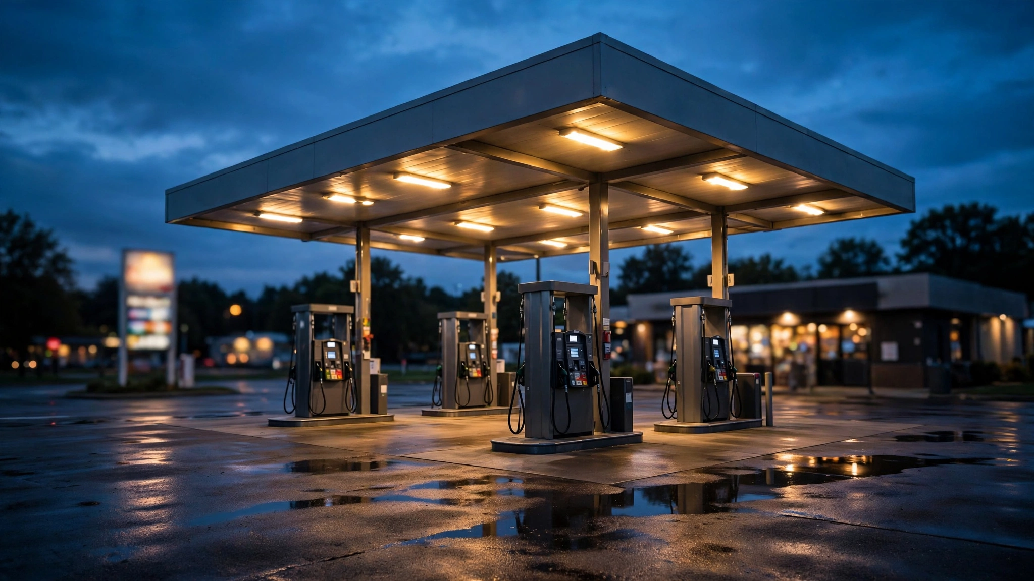 A gas station with fuel pumps under a lit canopy at twilight.