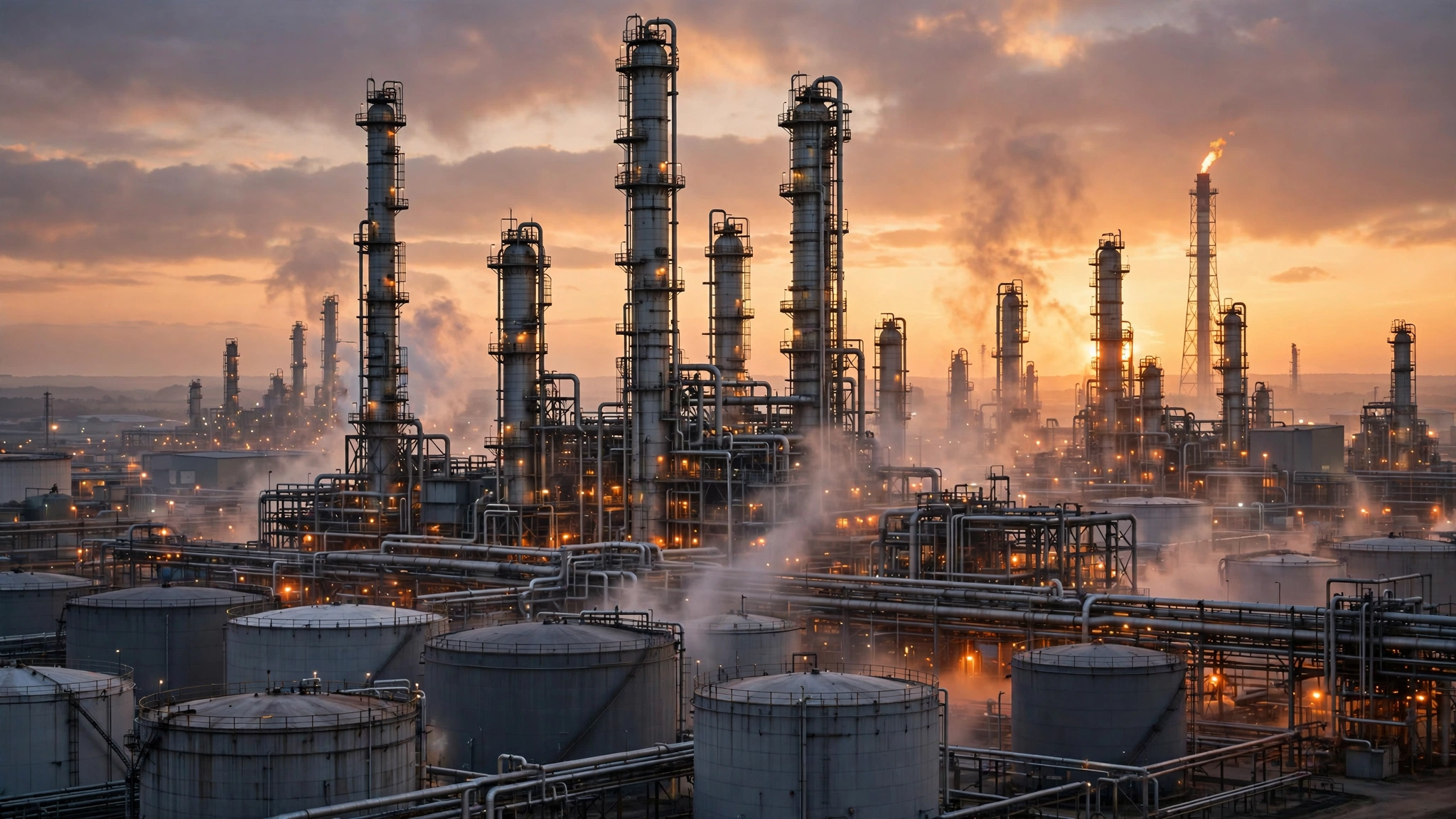 An oil refinery with distillation towers and storage tanks at sunset.