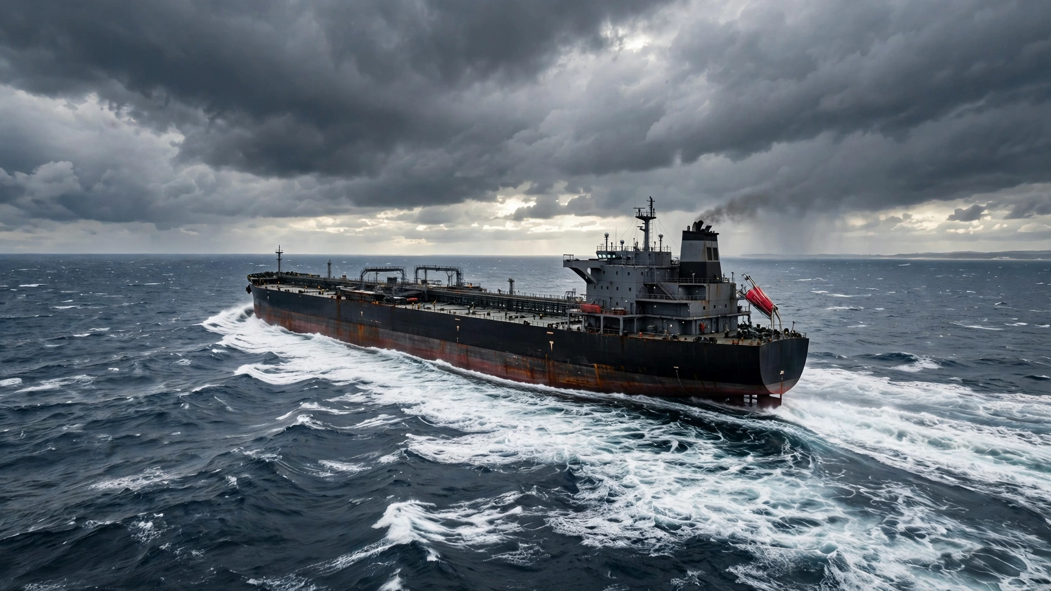 A large oil tanker ship sailing on open water under dark clouds.