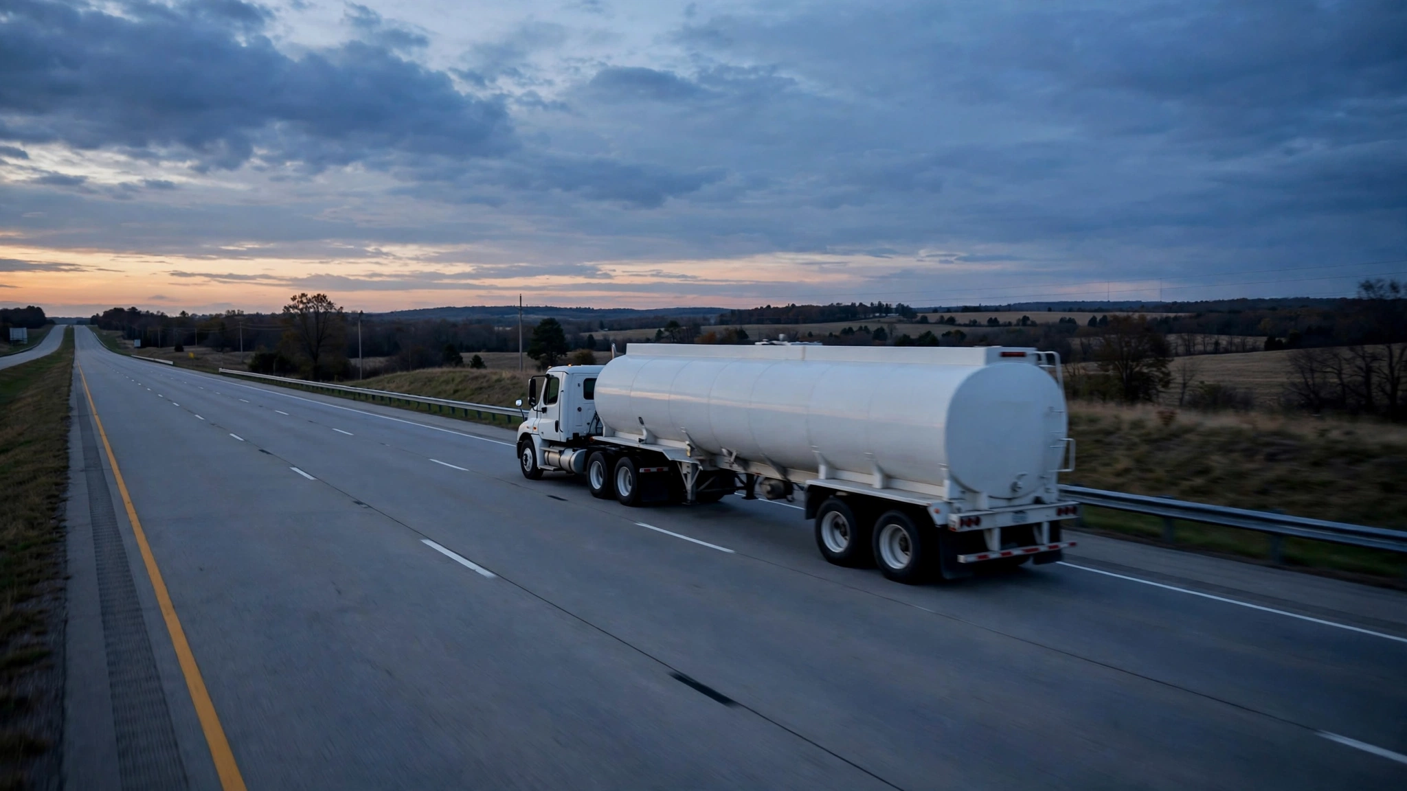 A white fuel tanker truck on an interstate highway at dusk.