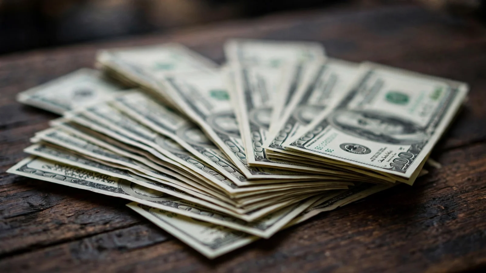 Stacks of U.S. hundred-dollar bills fanned out on a dark wooden desk, shallow depth of field