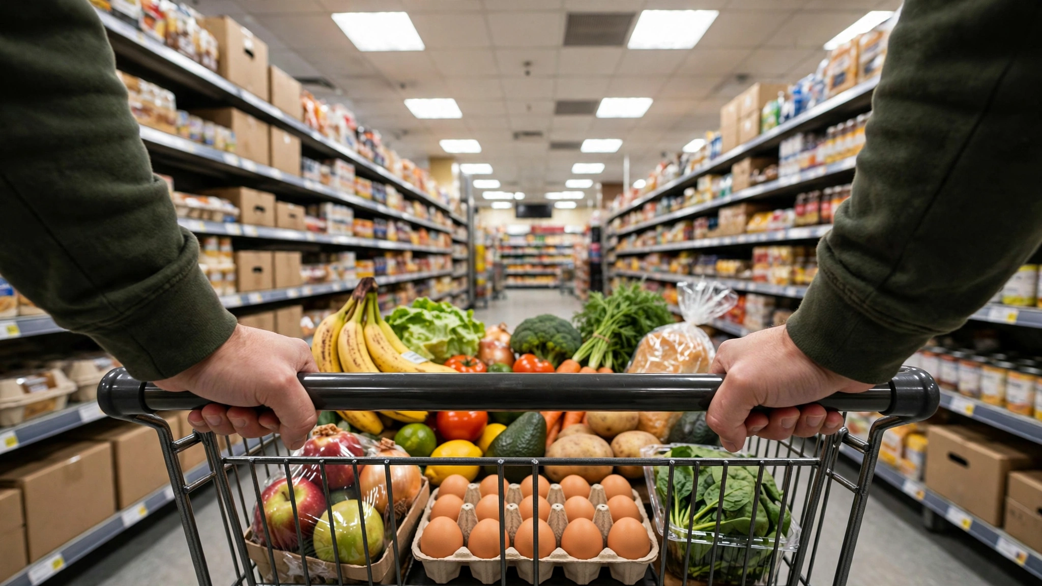 A shopper's hands pushing a grocery cart full of produce and eggs down a supermarket aisle