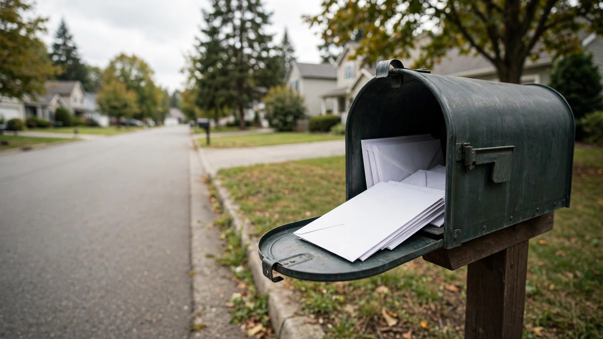 An open mailbox holding white envelopes on a suburban residential street