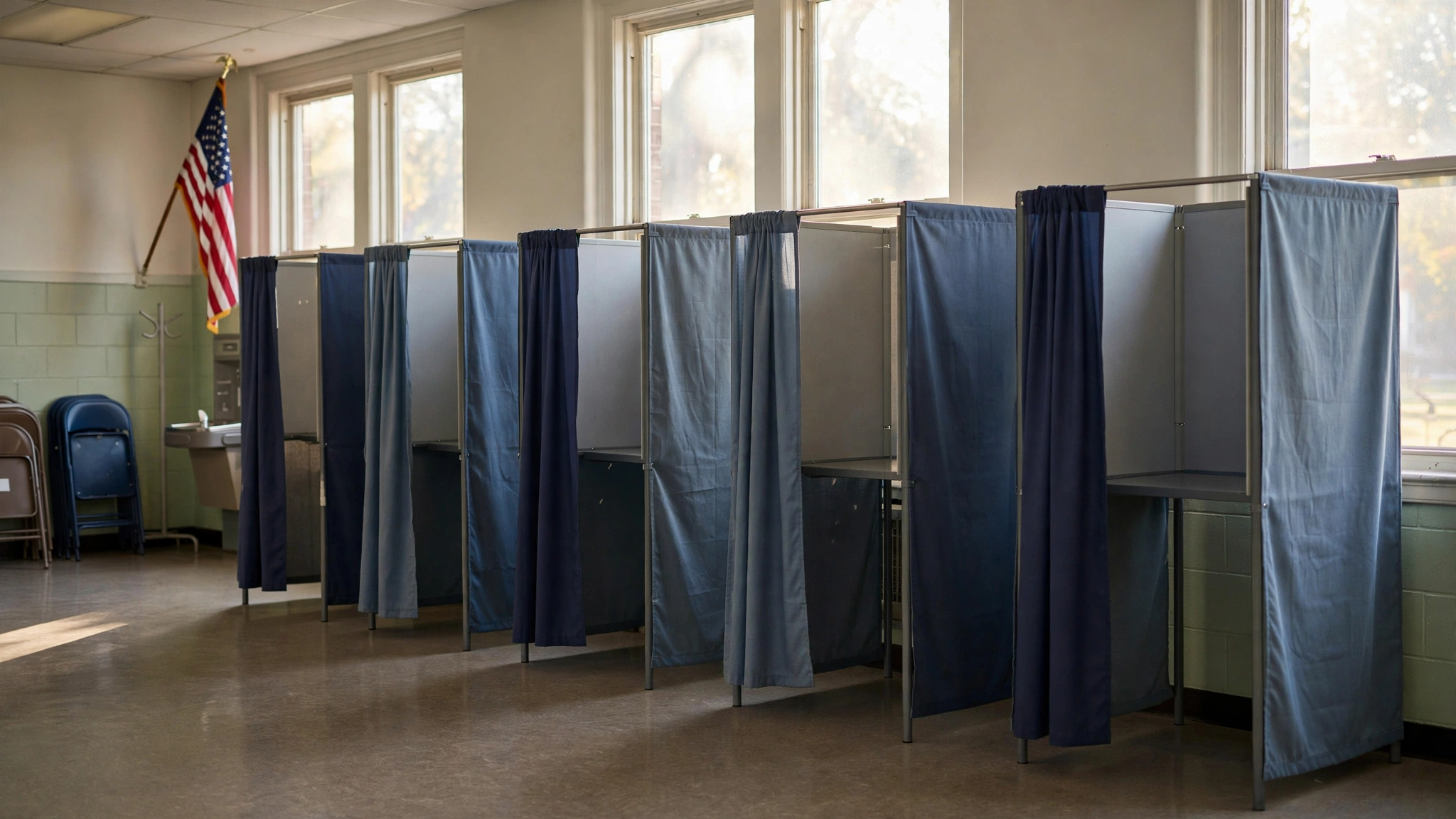 A row of curtained voting booths in a polling place with an American flag in the corner