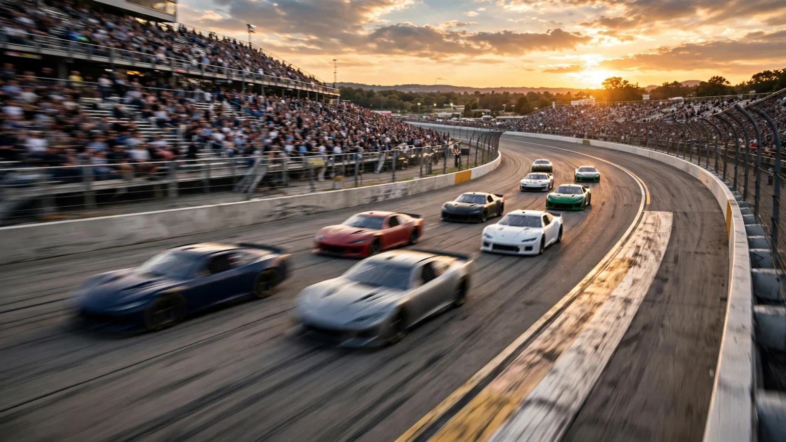 Stock cars speeding around a paved oval racetrack at sunset in front of packed grandstands