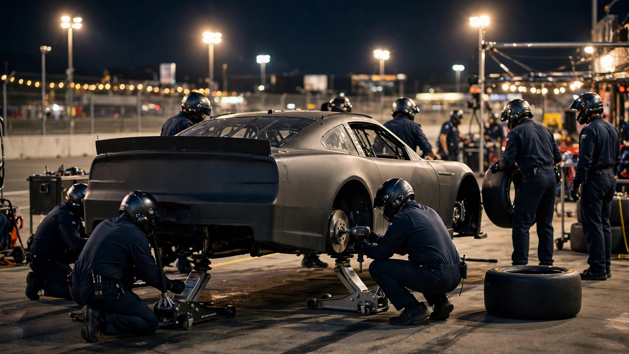 A pit crew in helmets changing tires on a stock car during a night pit stop