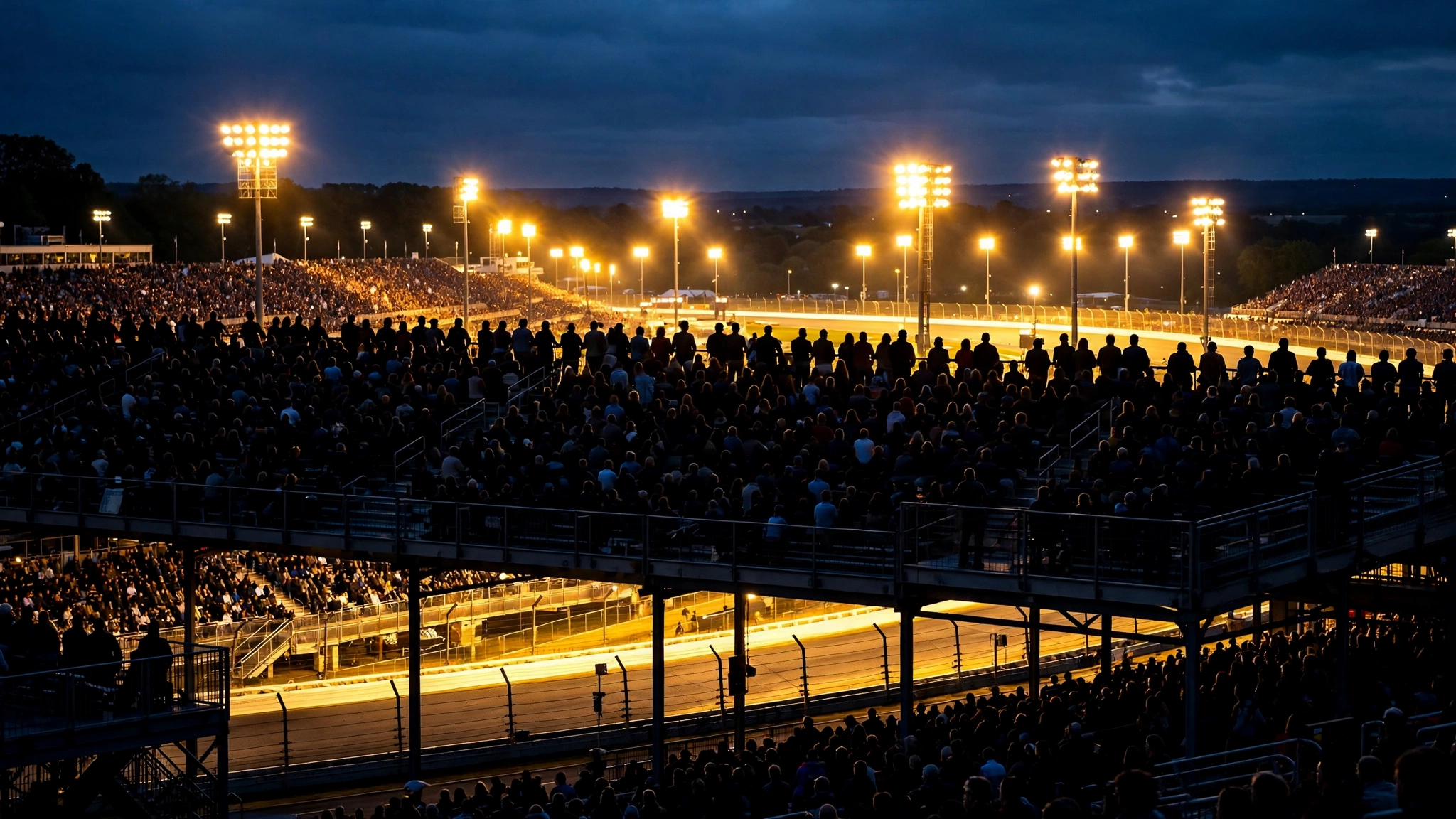 A packed racetrack grandstand lit by floodlights at night