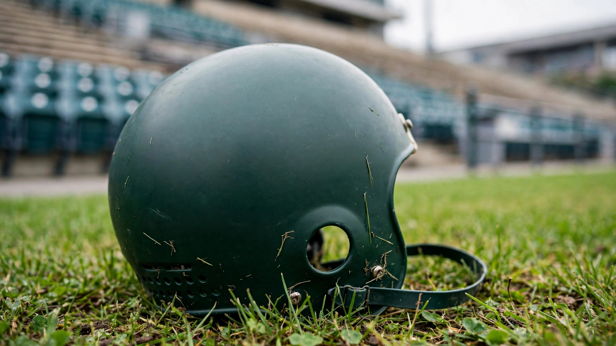 A green football helmet resting on grass in front of empty stadium seats