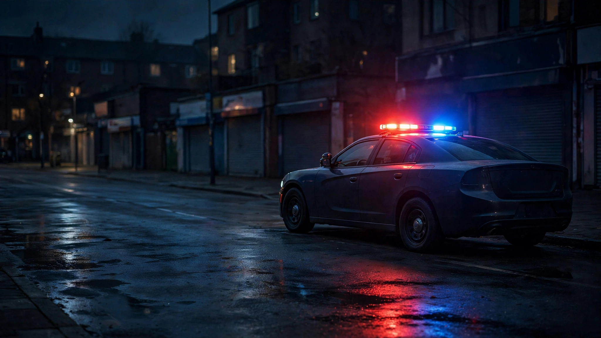 A police patrol car with flashing red and blue lights on a street at night