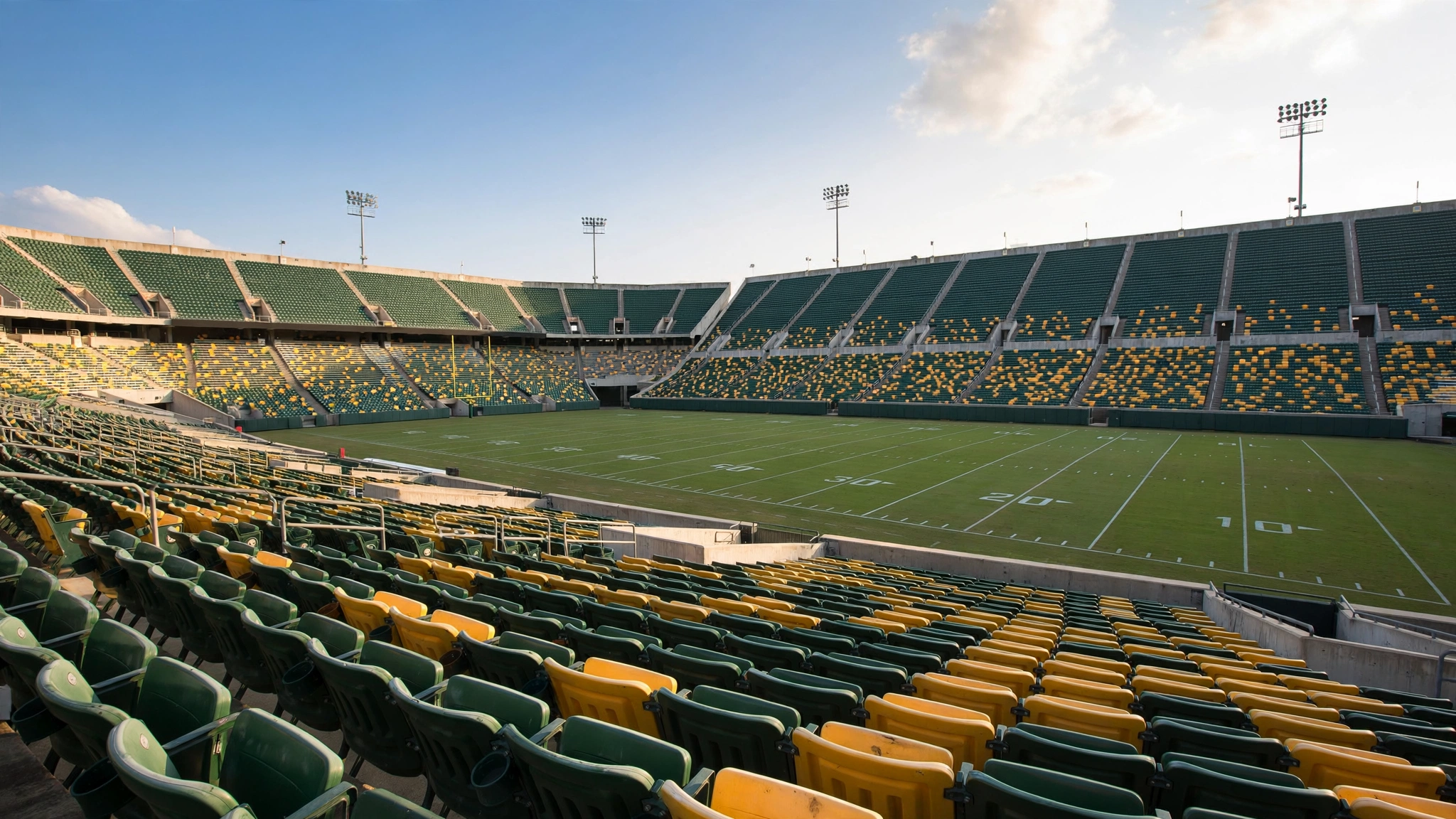 An empty college football stadium with green and yellow seats during daytime