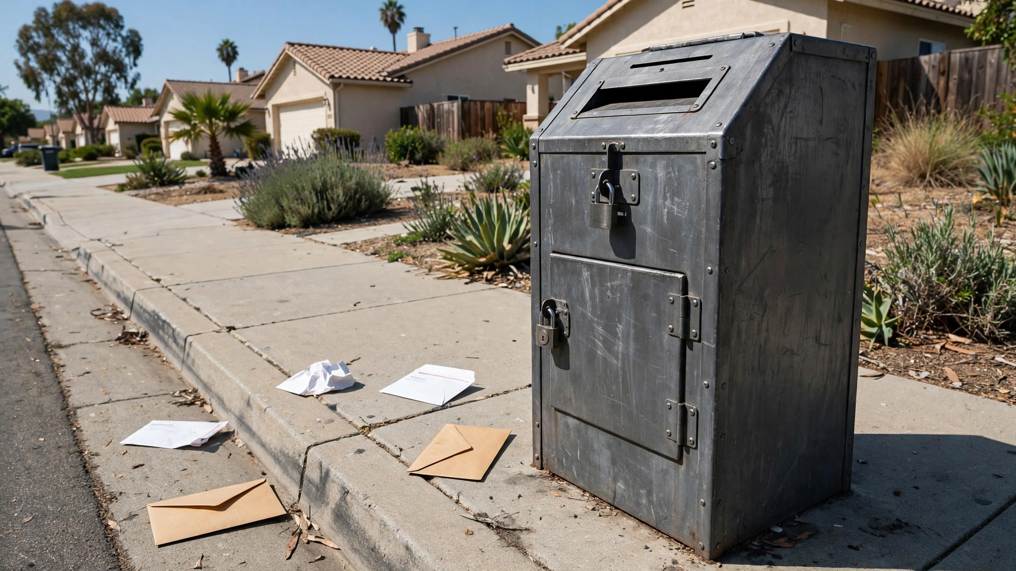 A metal ballot drop box on a sidewalk with envelopes scattered beside it