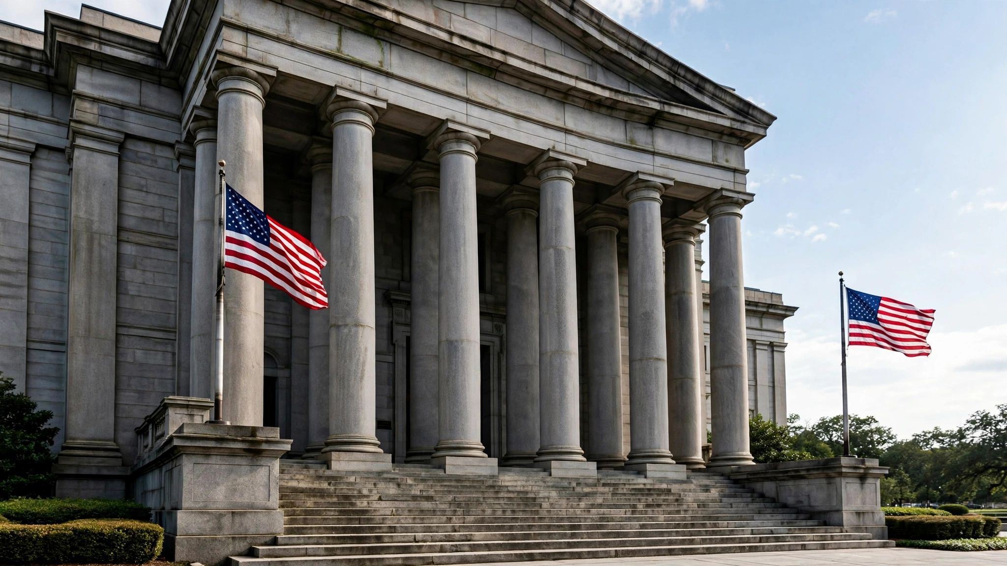 Stone columns and steps of a federal courthouse entrance with American flags