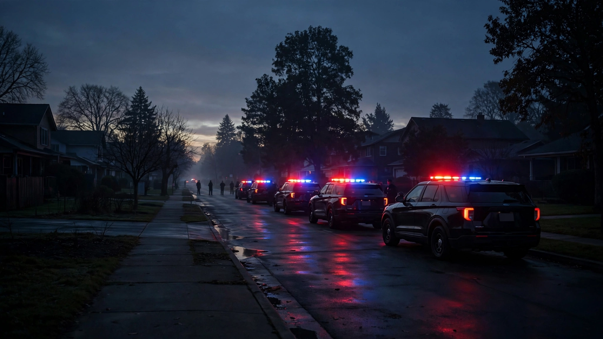Law enforcement vehicles with flashing red and blue lights on a suburban street before dawn