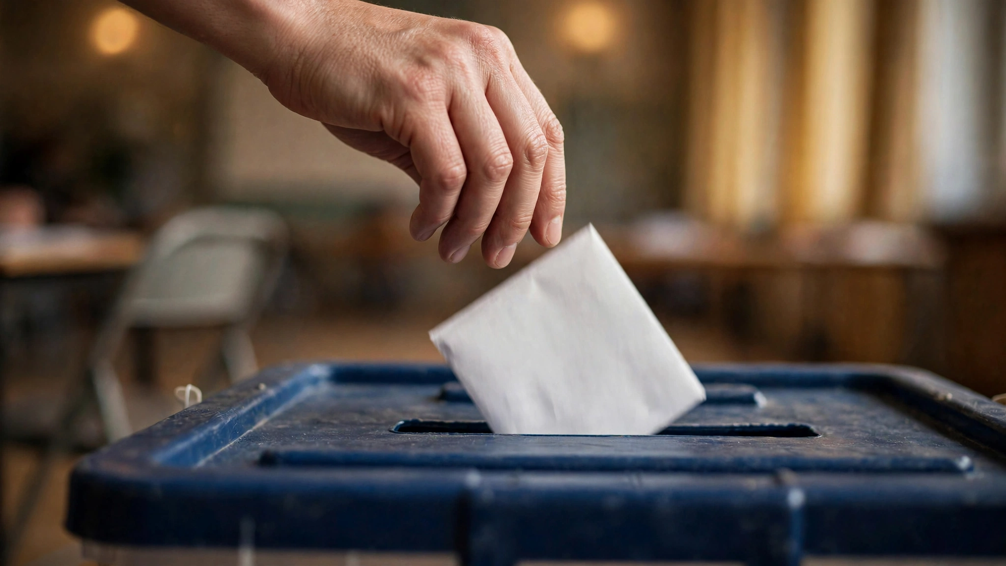 A hand dropping a paper ballot into a blue ballot box inside a polling place.
