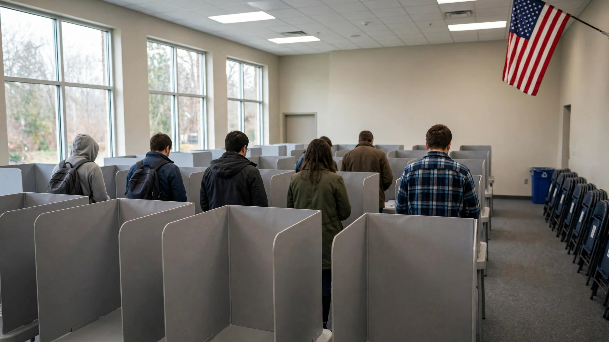 Voters standing at privacy booths inside a bright polling station, seen from behind.