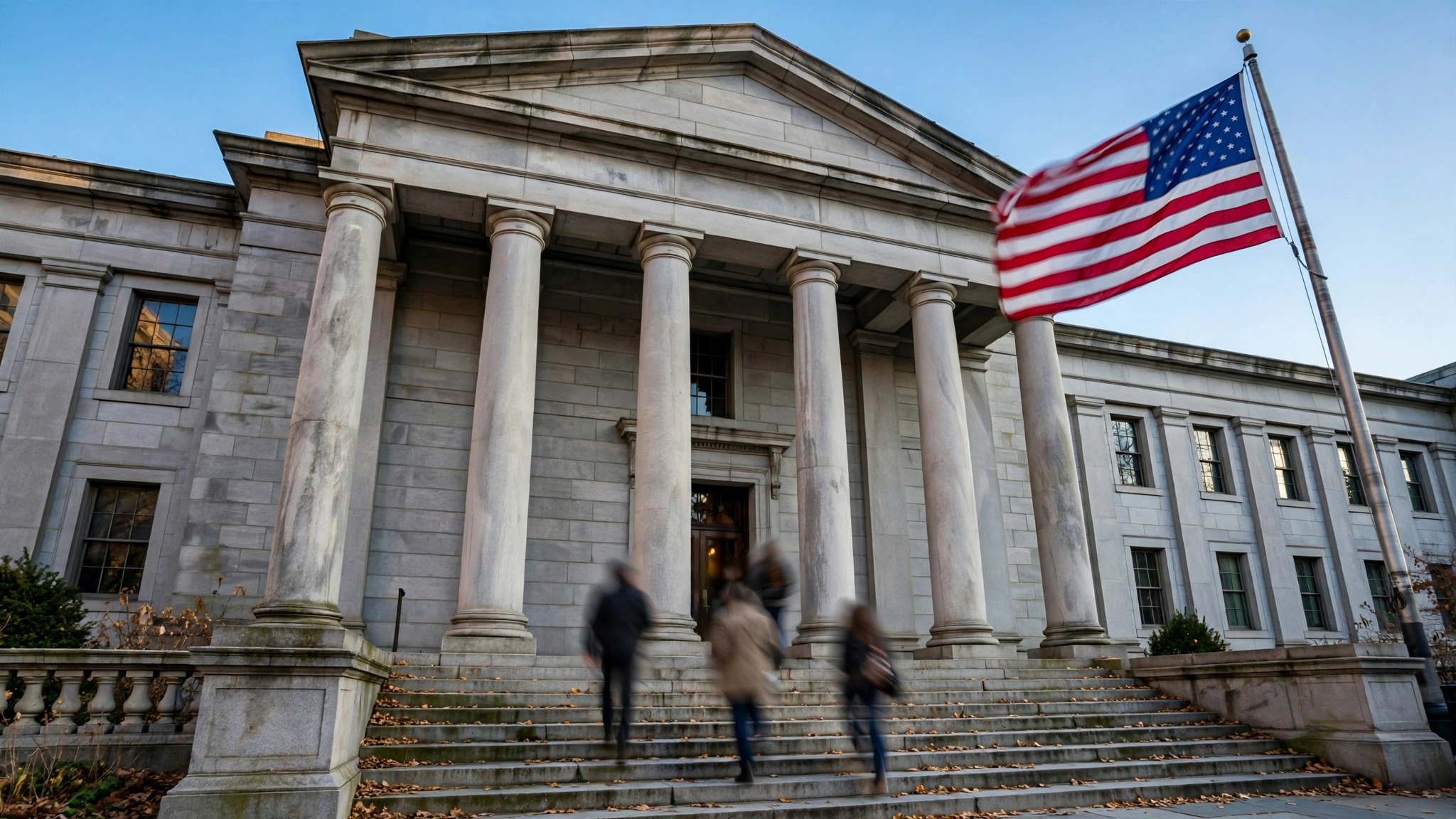 People walking up the steps of a stone-columned civic building with an American flag flying overhead.