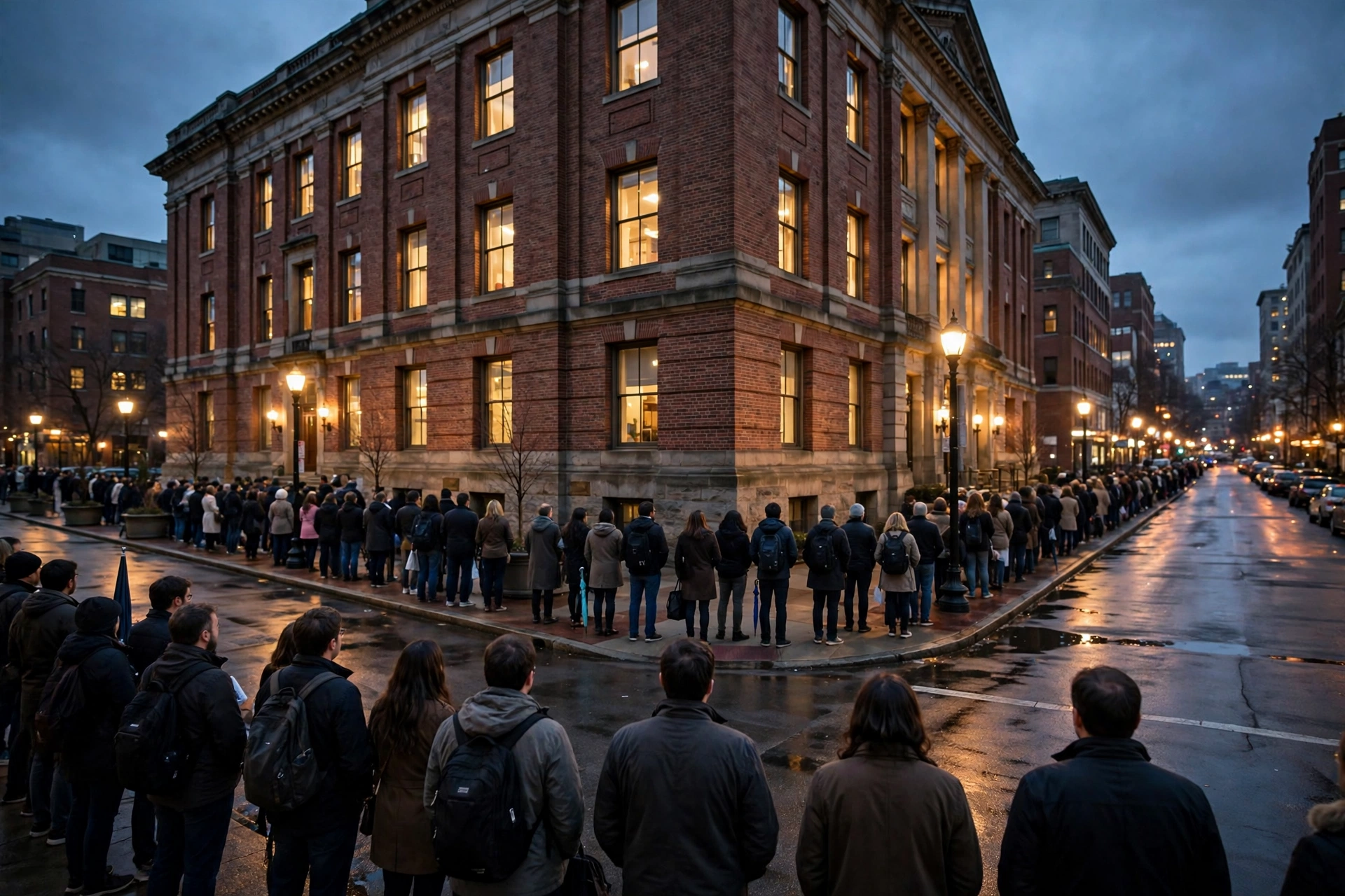 A long line of people stretching around a city block outside a brick building at dusk.