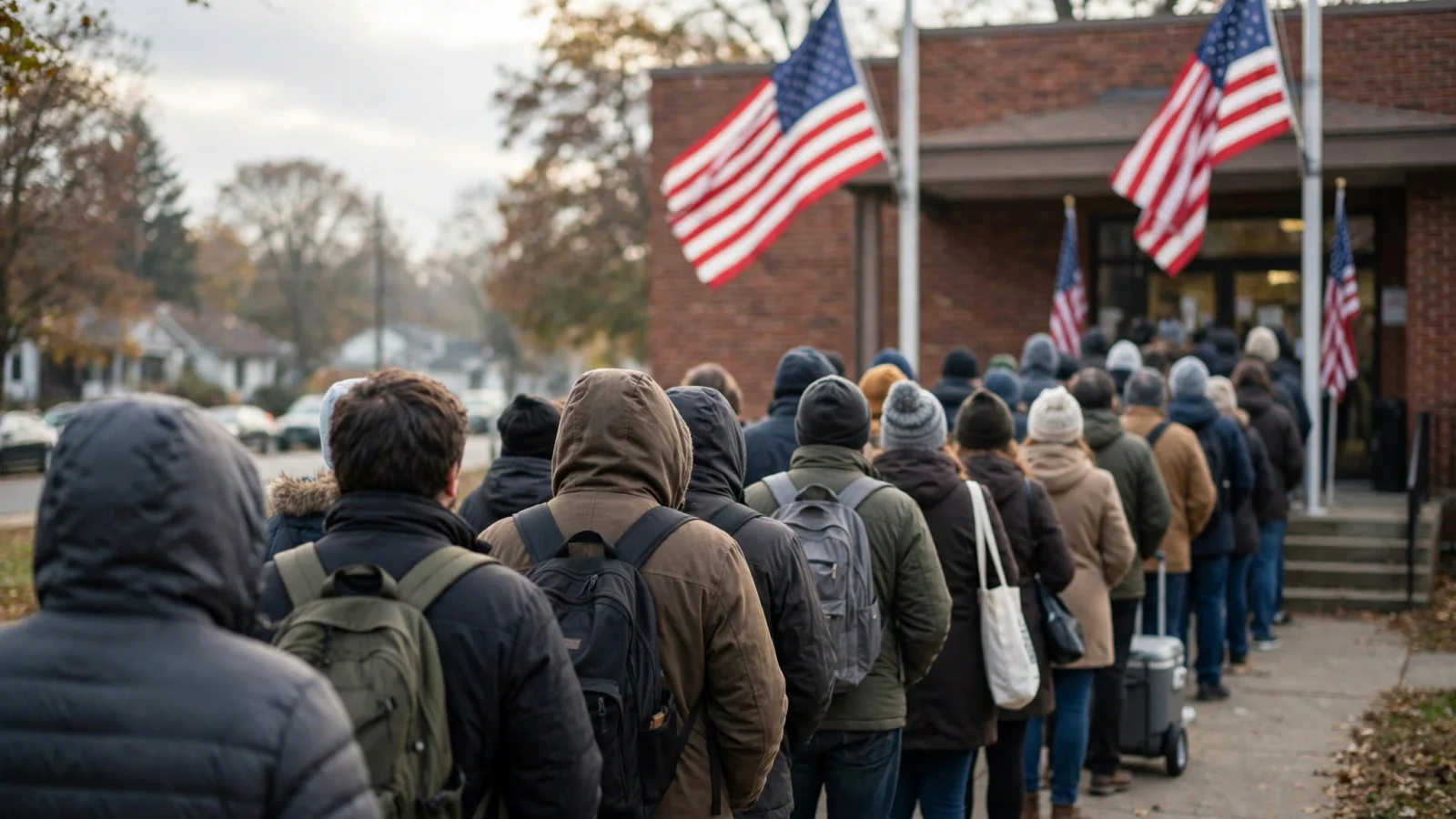 A long line of voters waiting outside a brick polling place decorated with American flags.