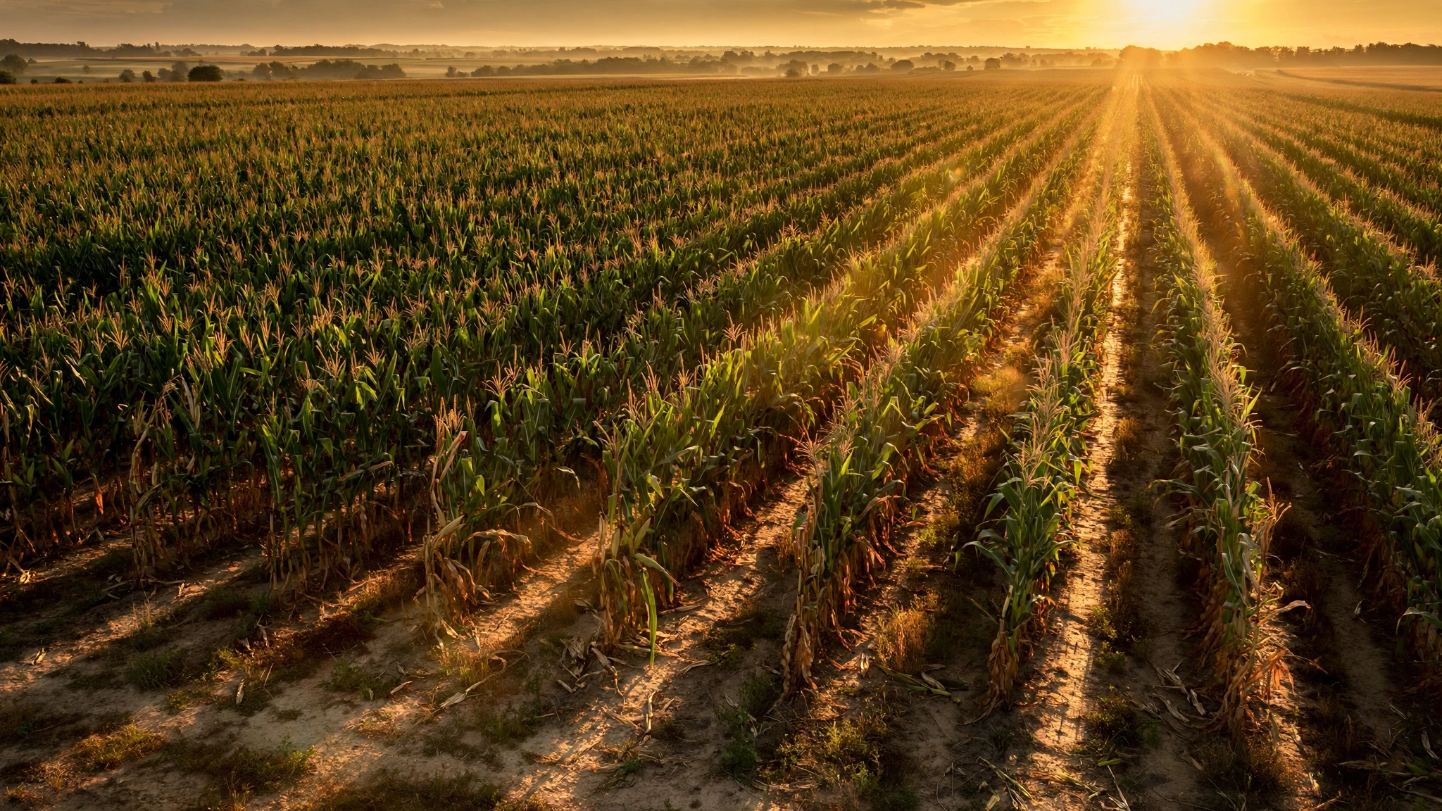 Rows of corn plants in a field at golden hour with the sun low on the horizon.