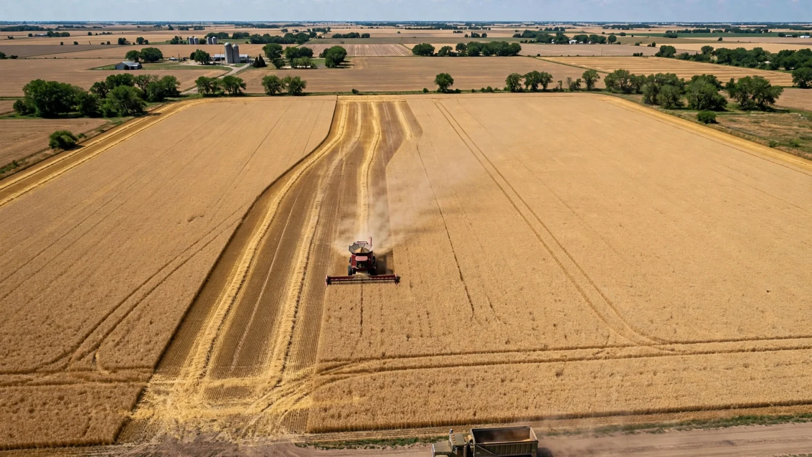 Aerial view of a red combine harvester cutting a golden wheat field with a grain truck on a dirt road nearby.