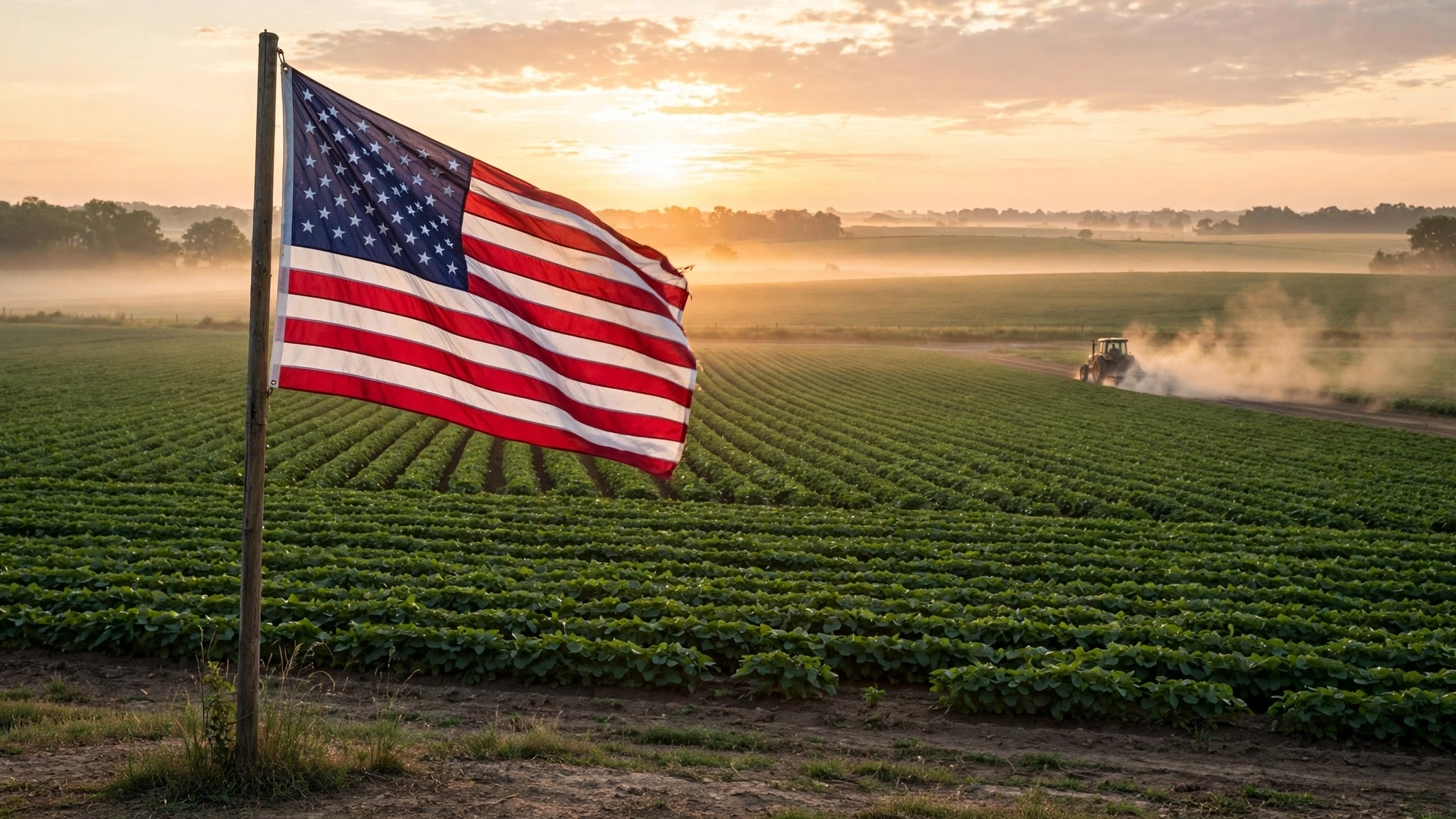 An American flag flying beside rows of young crops, with a tractor kicking up dust on a distant road at sunrise.