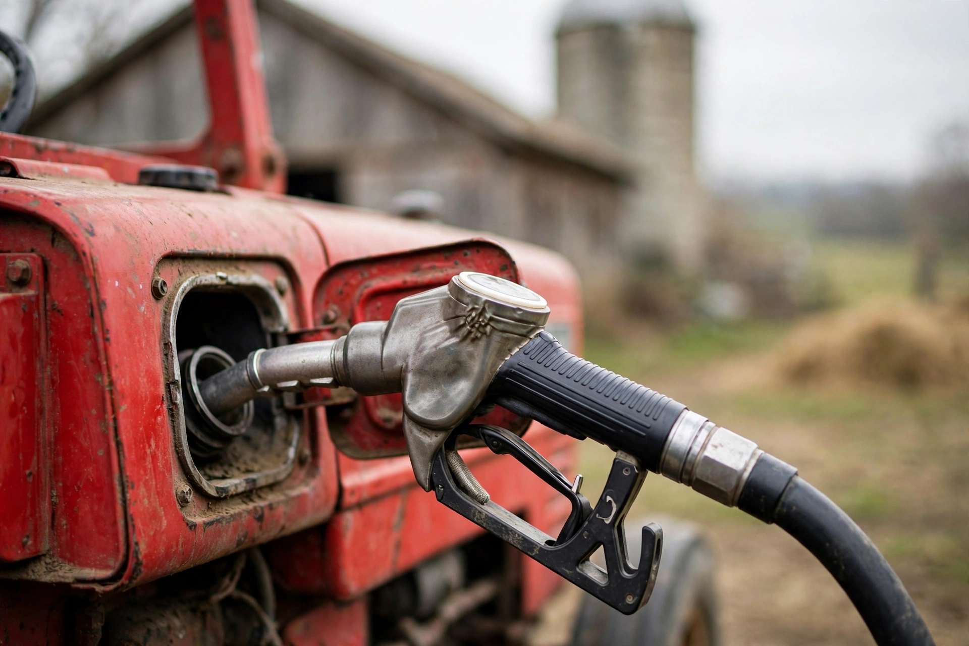 A diesel fuel nozzle inserted into the fuel tank of a red tractor on a farm.