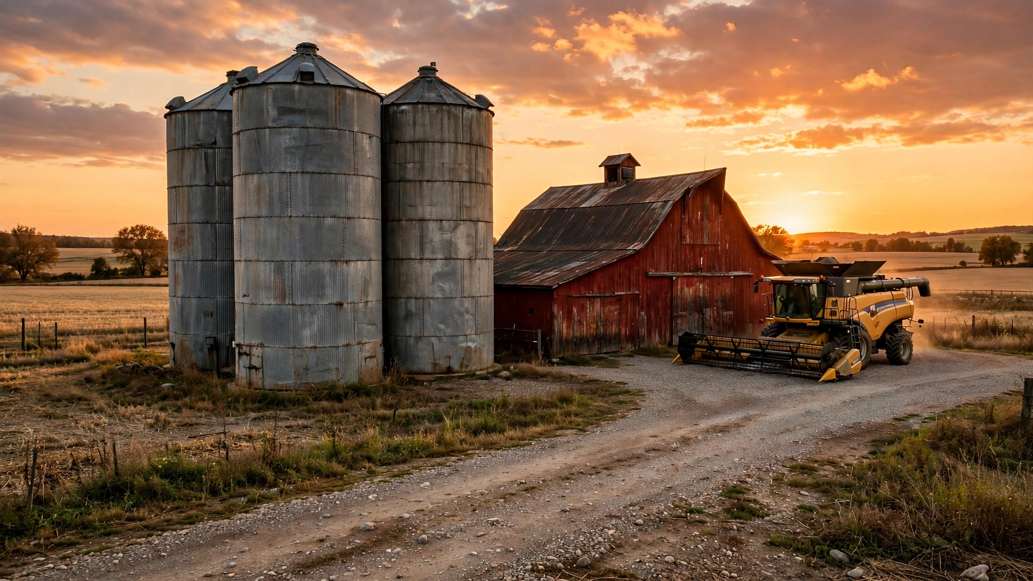 Three metal grain silos beside a red barn and a parked yellow combine harvester at sunset.