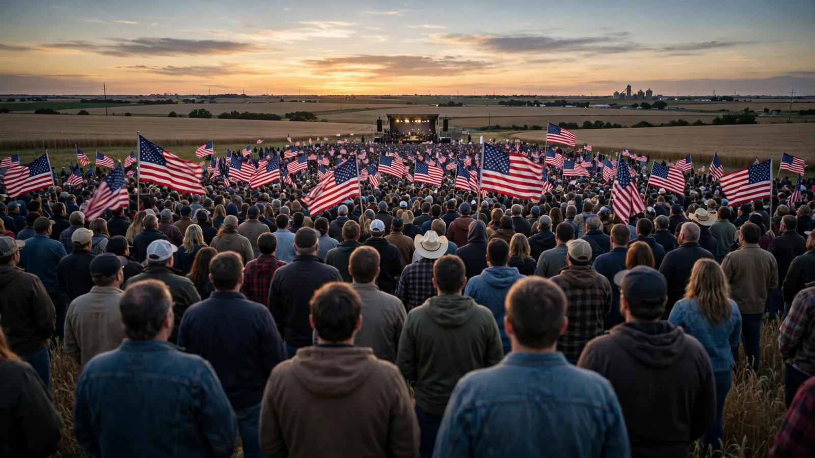 A crowd of rallygoers holding American flags at an outdoor campaign rally in a field at dusk