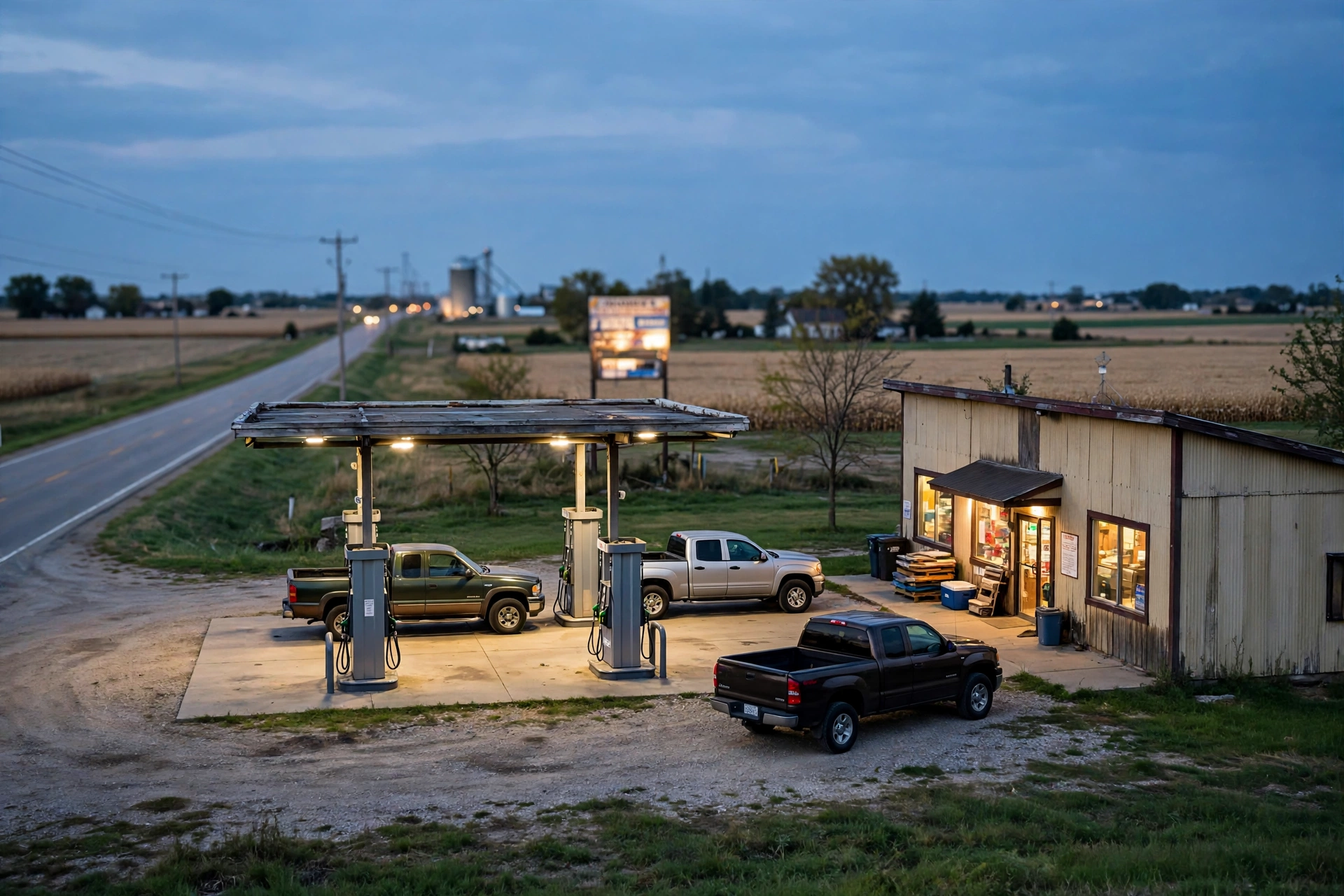 A small rural gas station with fuel pumps and pickup trucks at dusk
