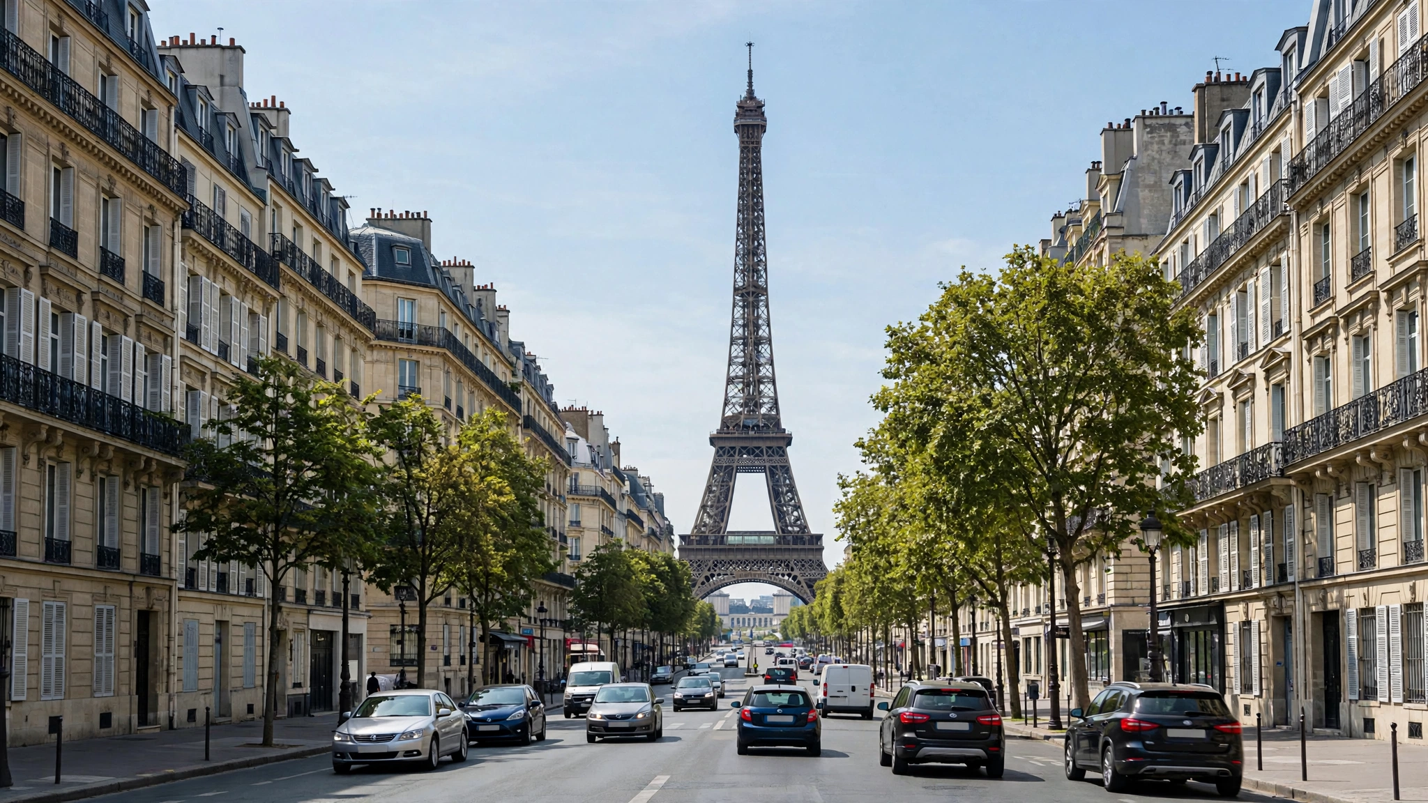 The Eiffel Tower over a Paris street on a calm day