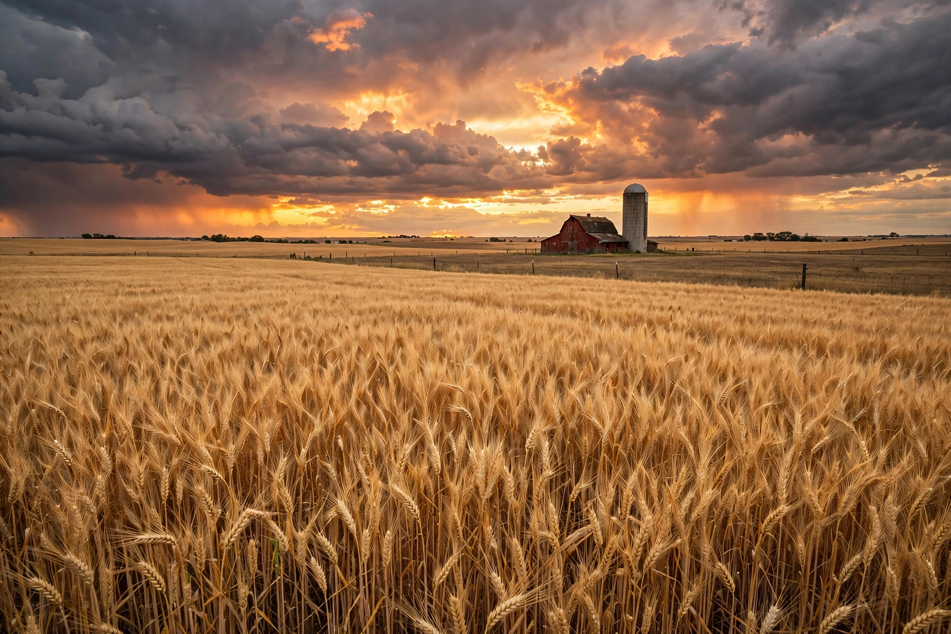 A golden wheat field at sunset with a red barn and silo in Kansas