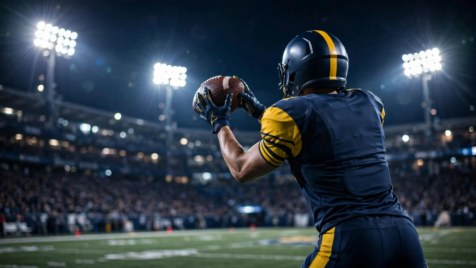 A football player in a dark blue and yellow uniform catching a football at night in a stadium, seen from behind