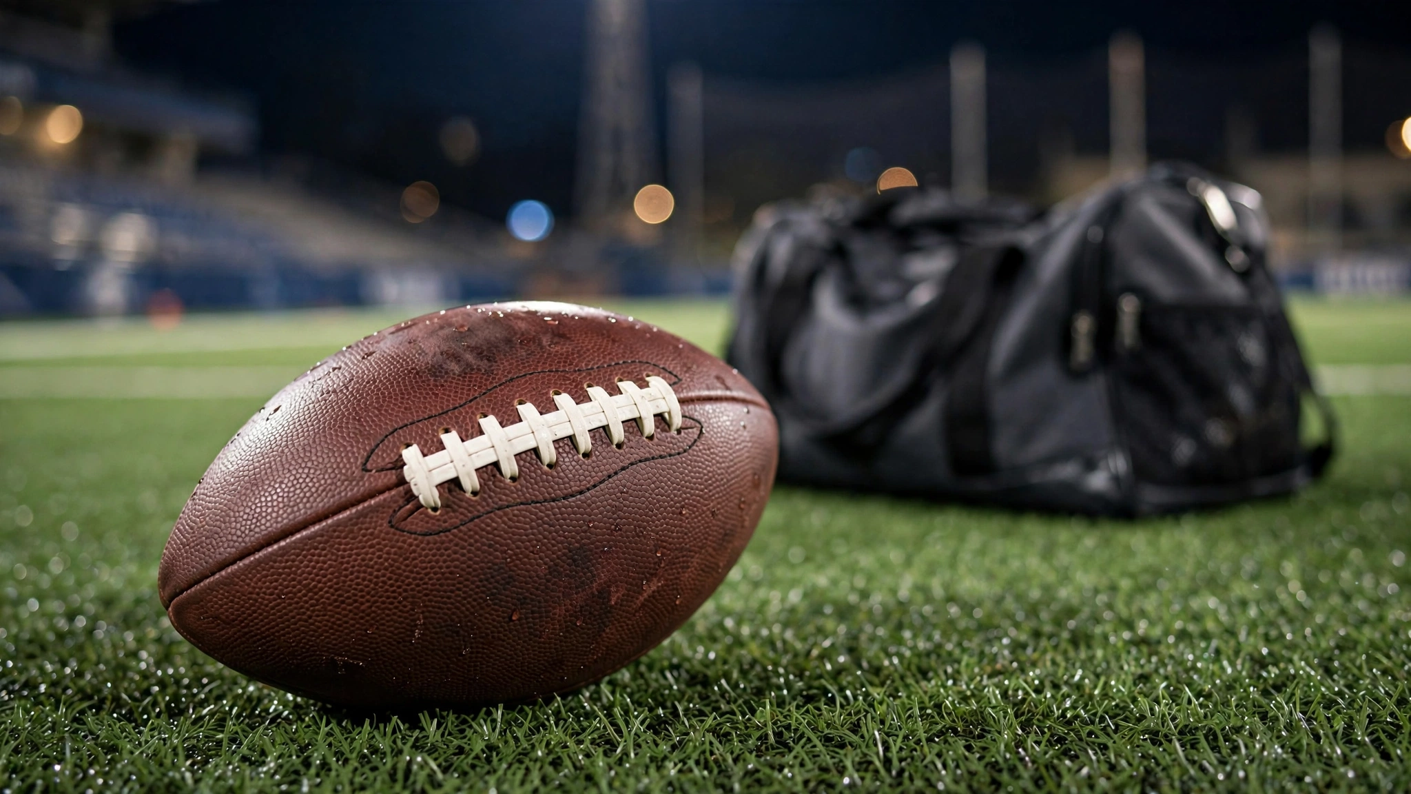 An American football on artificial turf with a training bag blurred in the background