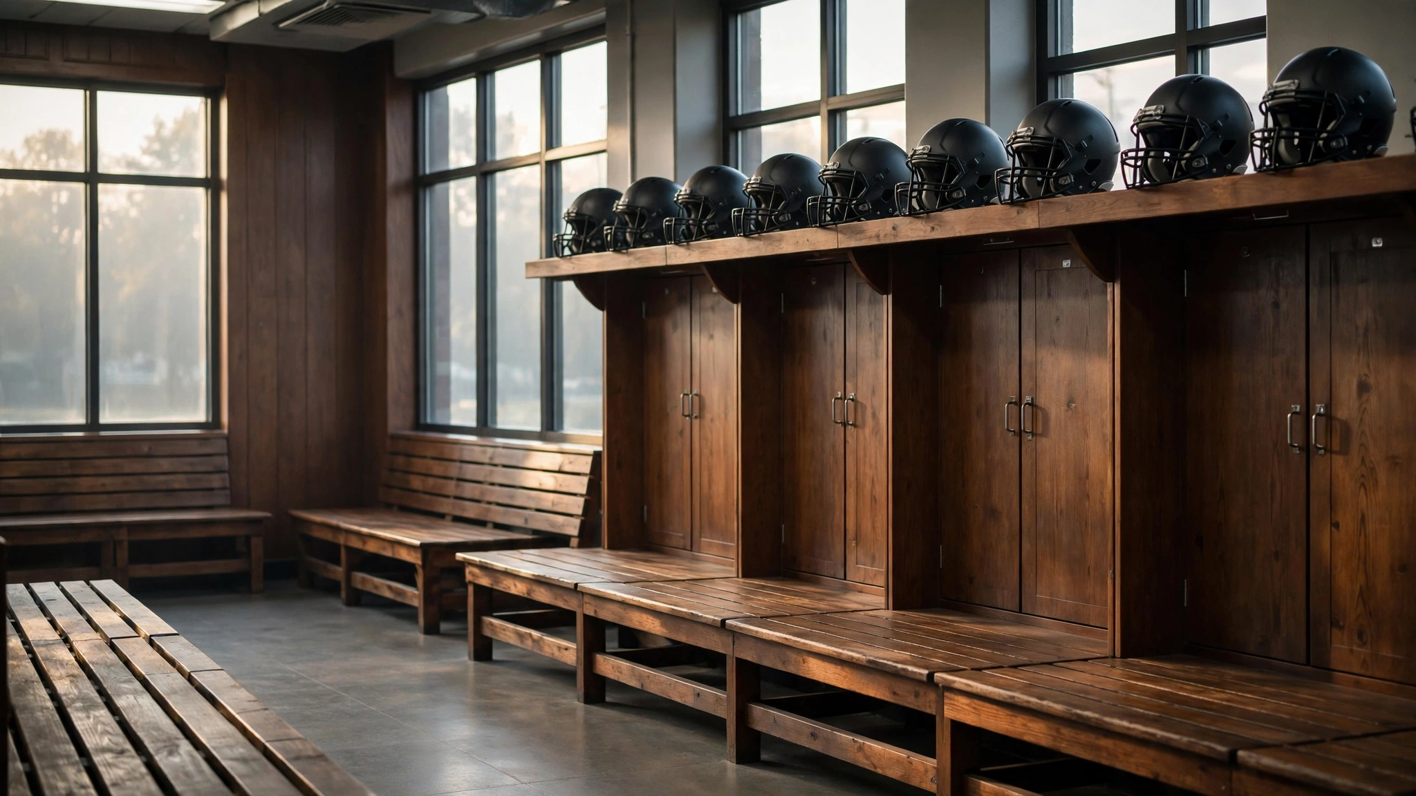 An empty football locker room with wooden benches and dark helmets on a shelf
