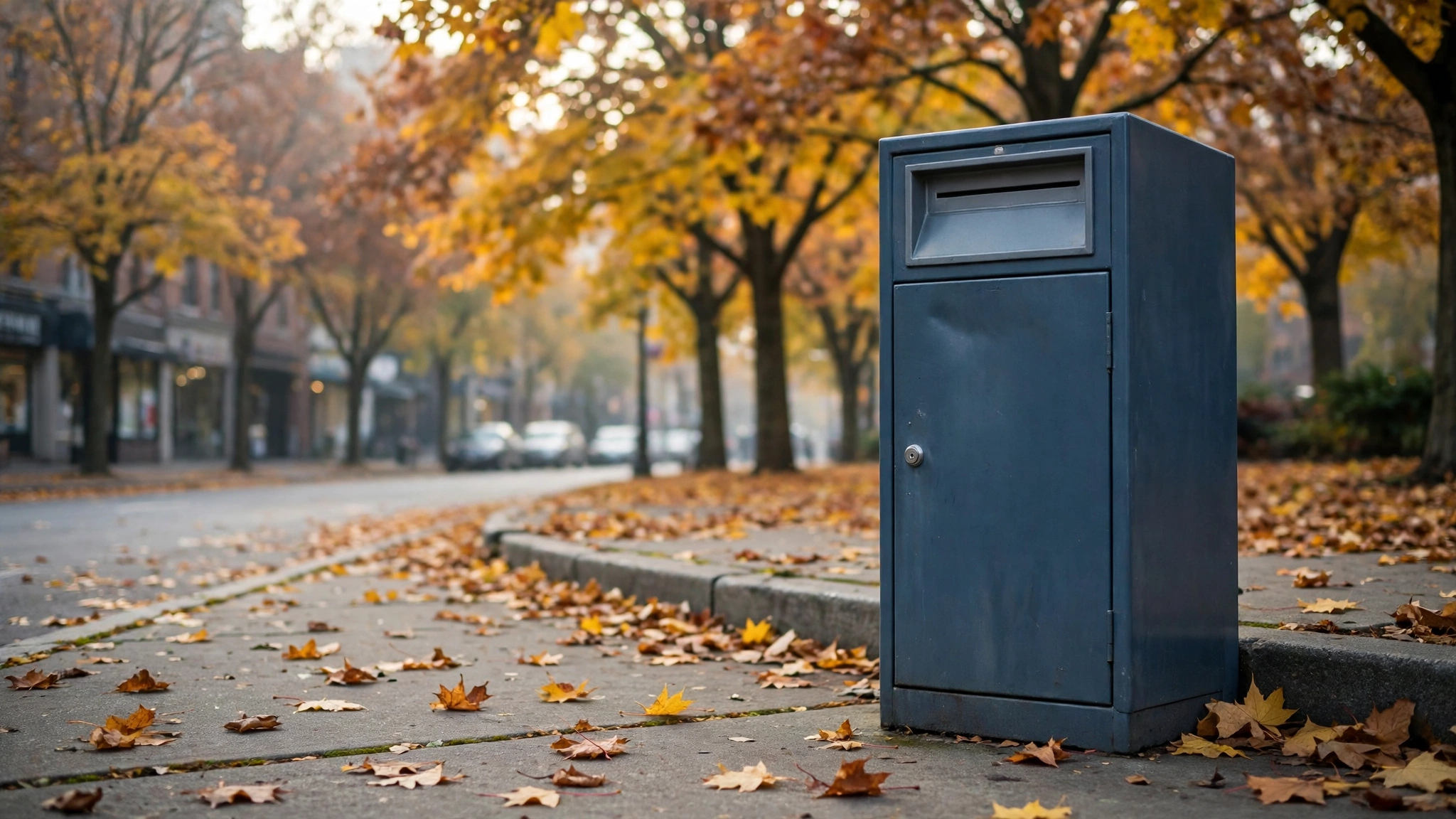 An official ballot drop box on a sidewalk lined with autumn trees