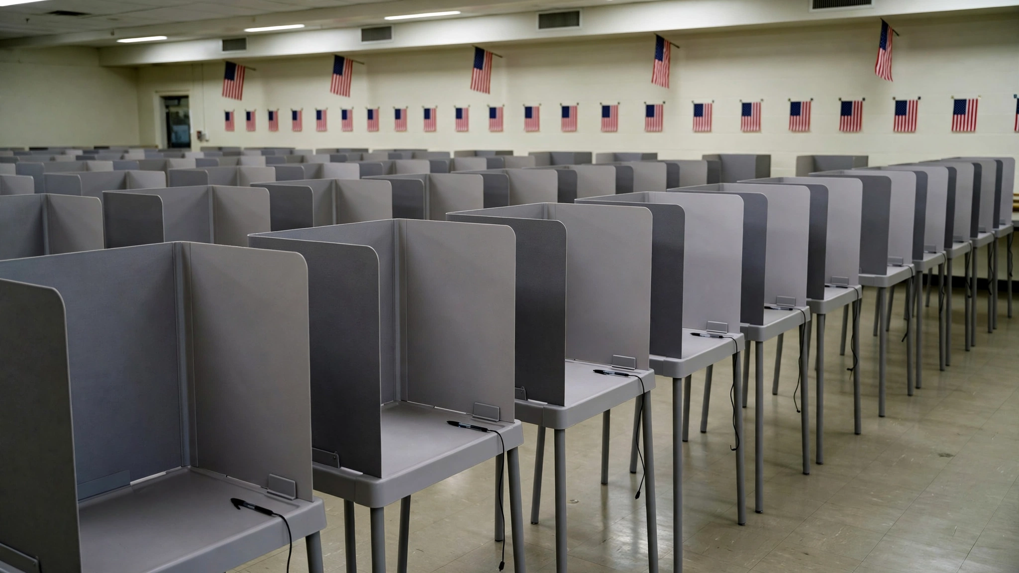 Rows of empty voting booths inside a polling place decorated with American flags