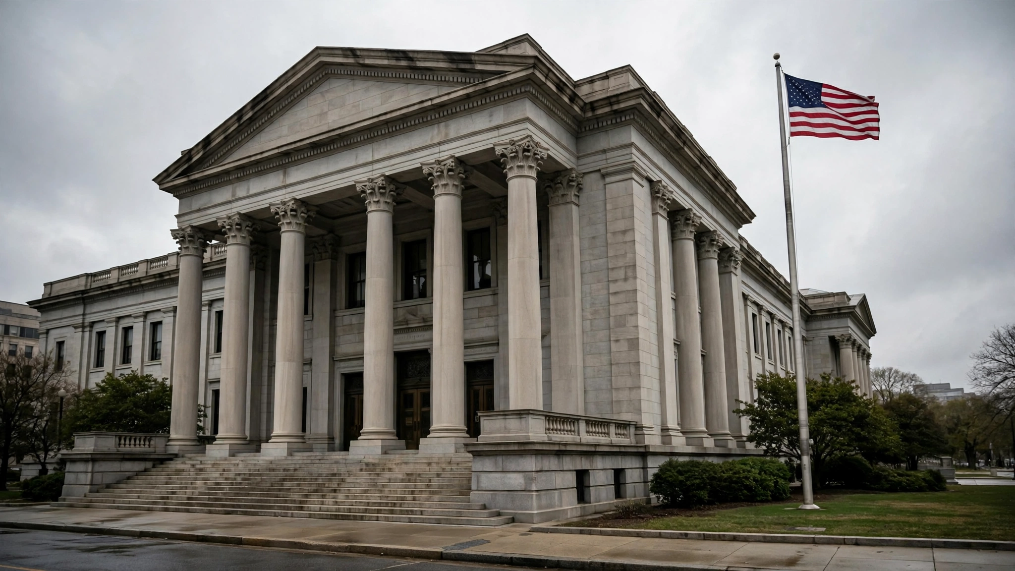A federal courthouse with stone columns under an overcast sky, an American flag beside the entrance