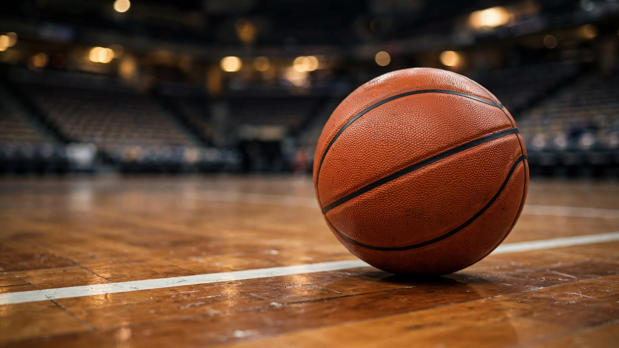 A basketball resting on a polished hardwood court with arena lights blurred behind it
