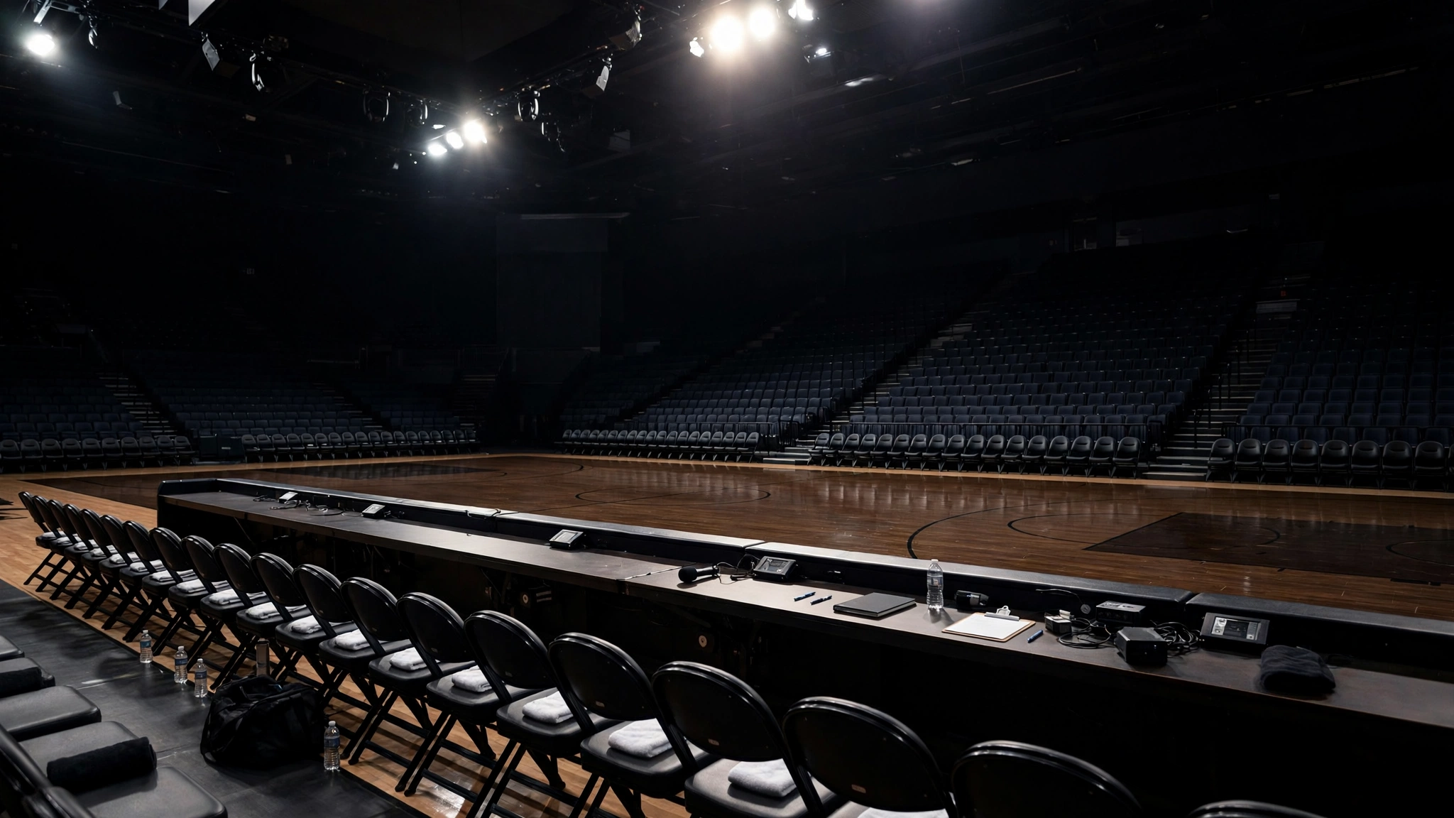 An empty team bench and scorer's table along a dark basketball court