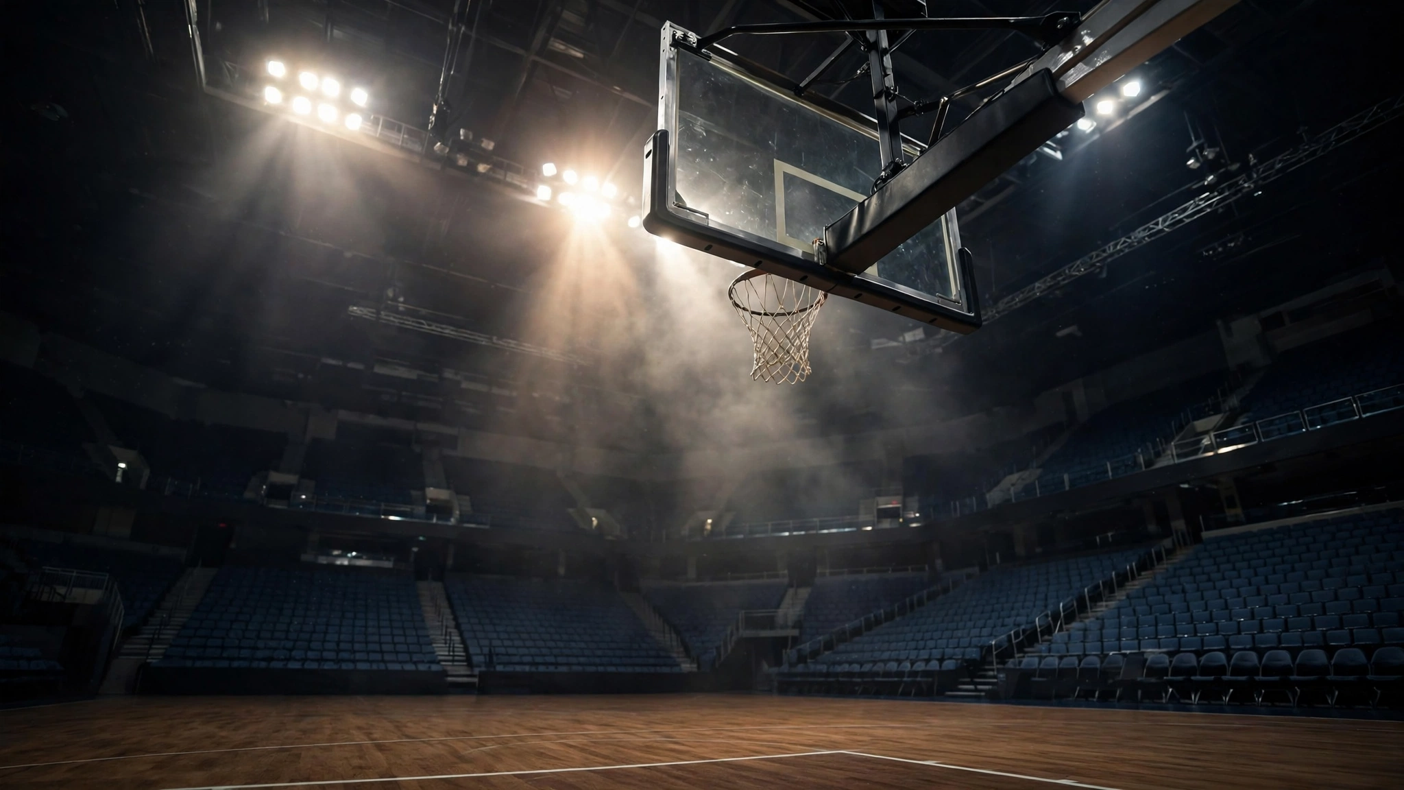 A basketball hoop and backboard seen from court level in an empty arena