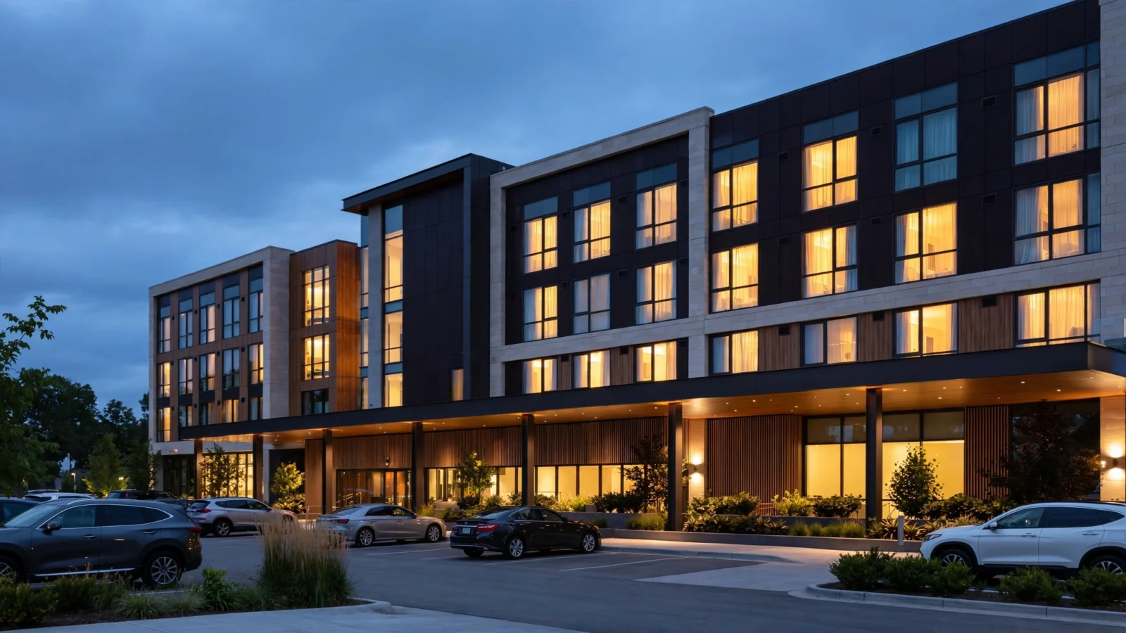 A multi-story hotel building with lit windows at dusk and cars parked in front