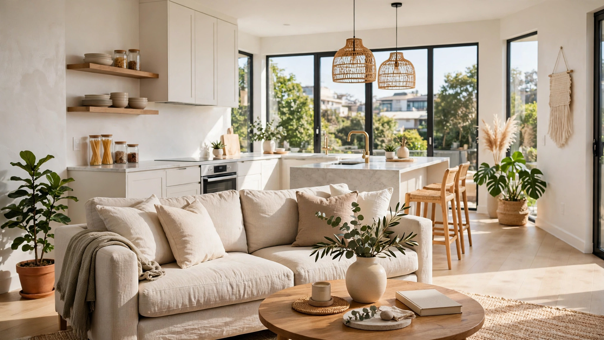 A bright apartment living room with a sofa, kitchen island and large windows