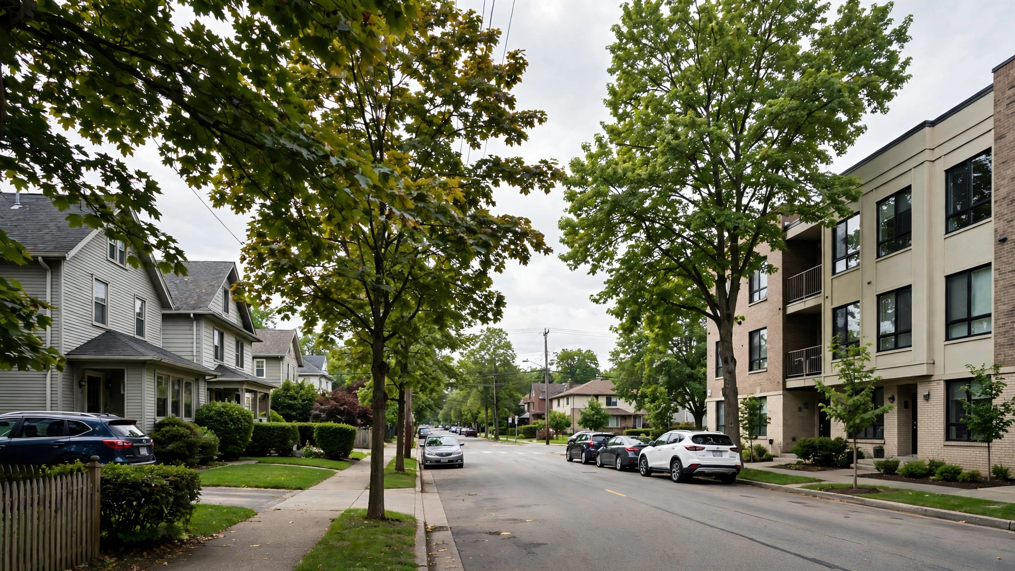 A residential street lined with houses, apartment buildings, trees and parked cars