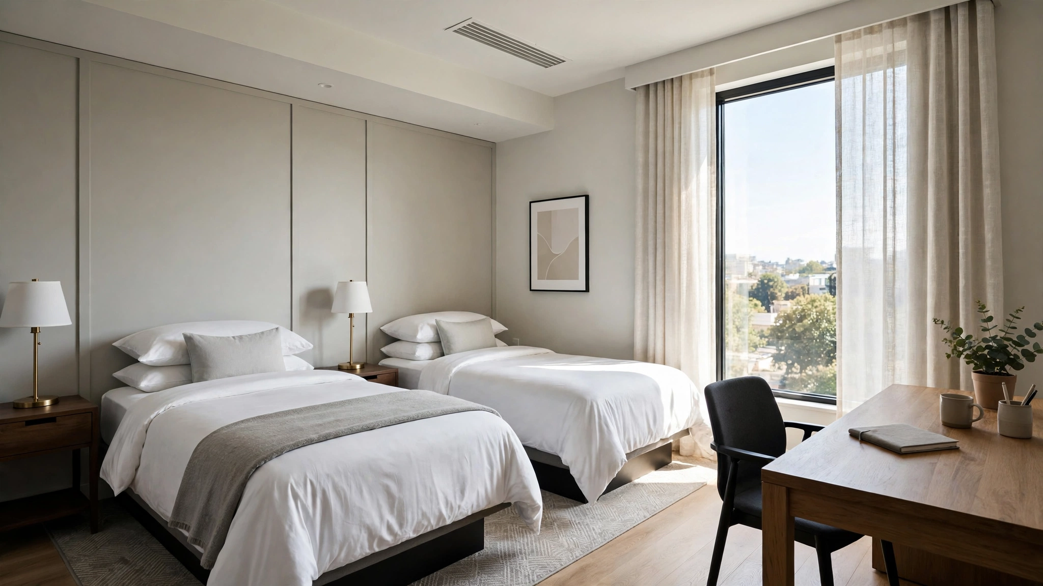 A hotel room with two beds, bedside lamps, a desk and a large window