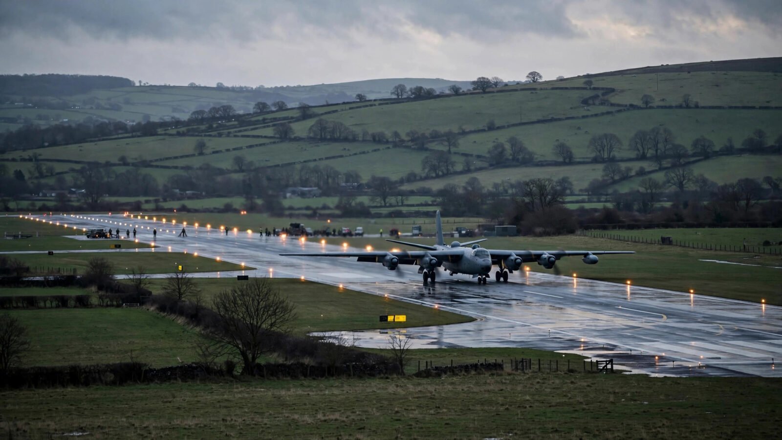 A military bomber aircraft on a wet runway at dusk in the English countryside
