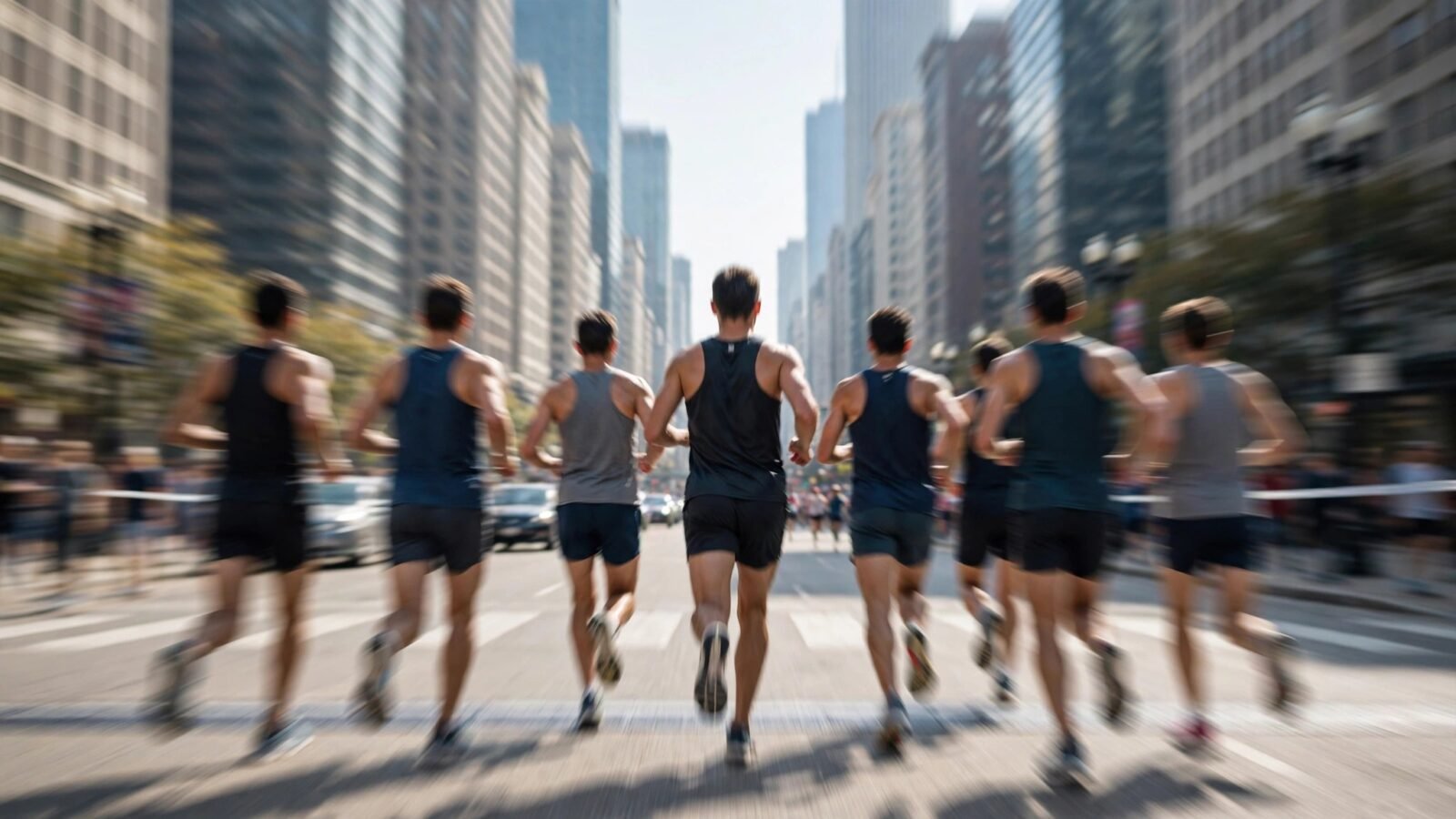 A group of marathon runners seen from behind racing down a wide city street lined with tall buildings.