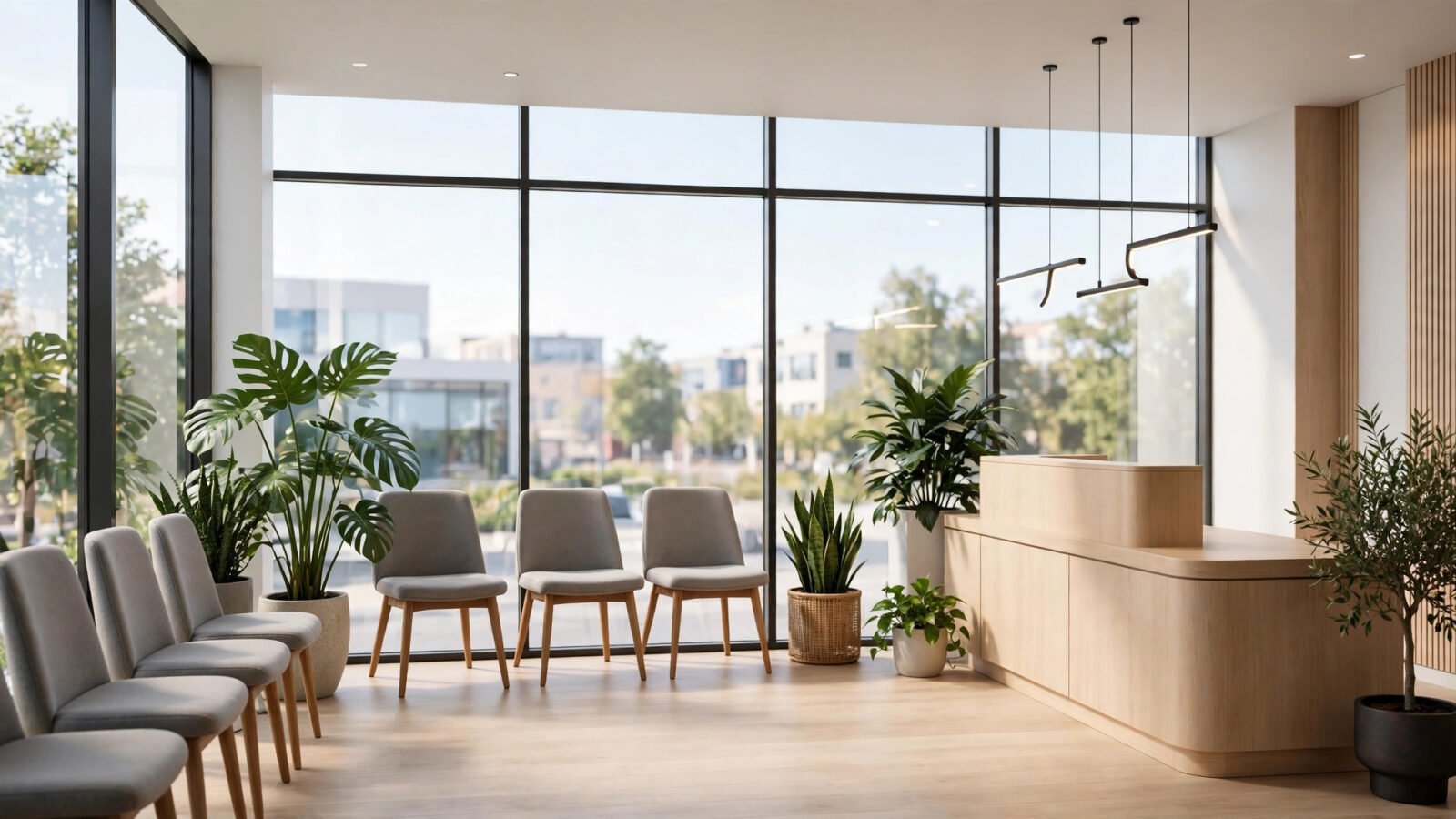 Empty chairs and a reception desk in a bright clinic waiting room with large windows and potted plants