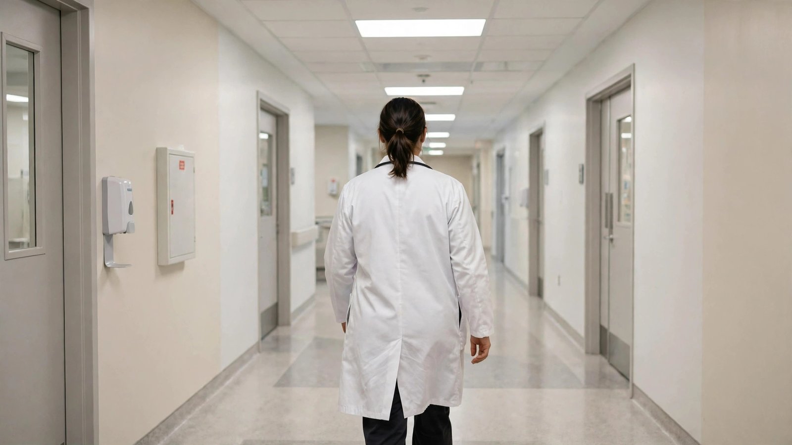 A doctor in a white coat seen from behind walking down a bright hospital corridor