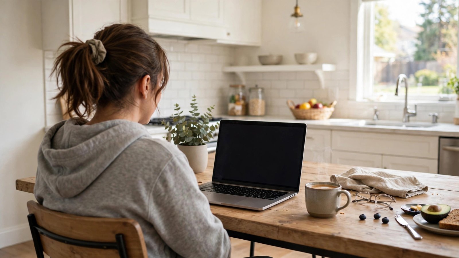 A person seen from behind sitting at a wooden kitchen table with a laptop, a cup of coffee, and glasses
